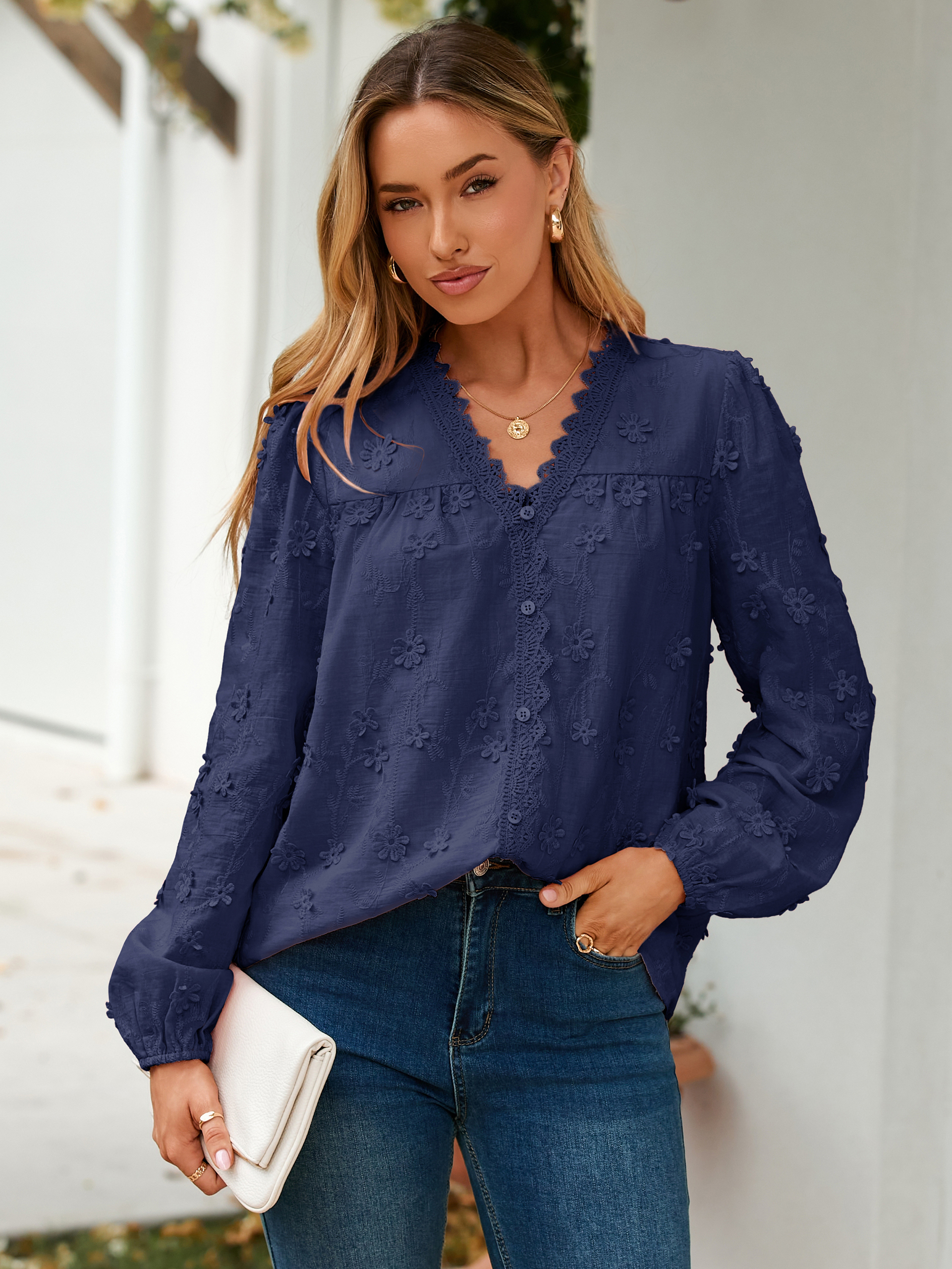 Floral Lace V Neck Embroidered Button Down Blouse
