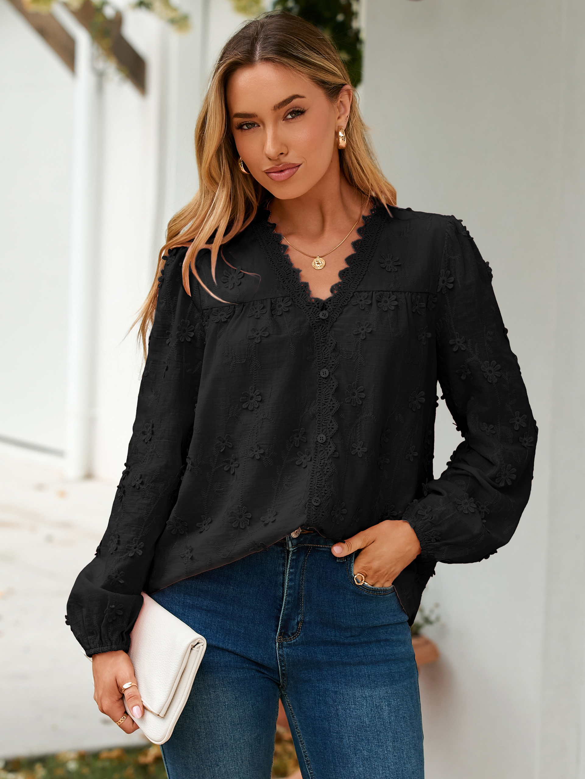 Floral Lace V Neck Embroidered Button Down Blouse