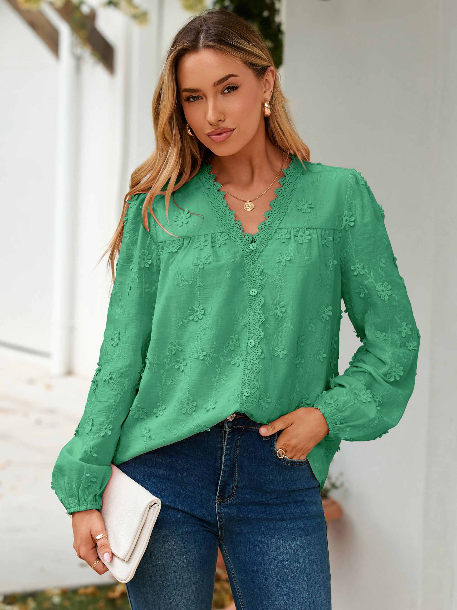 Floral Lace V Neck Embroidered Button Down Blouse