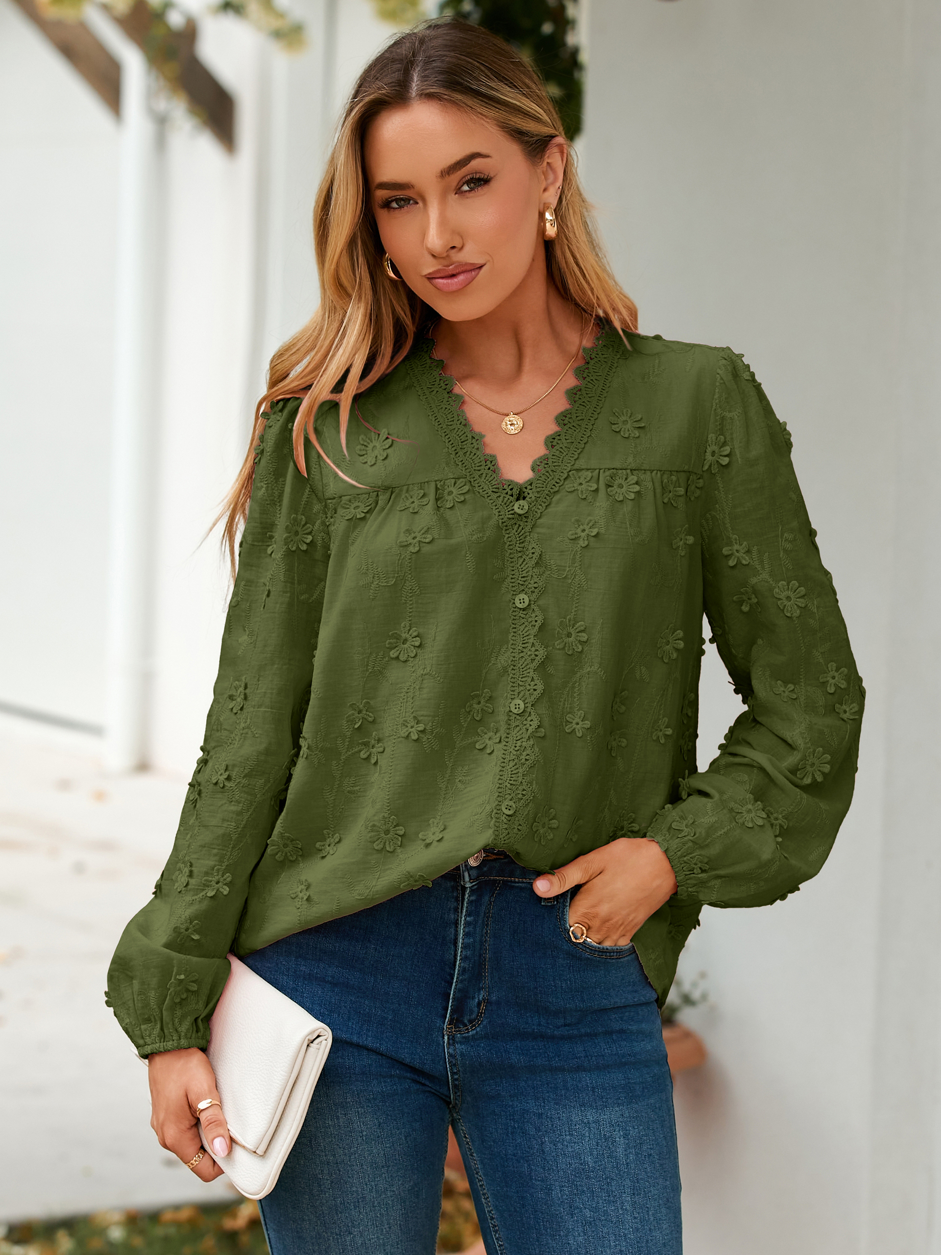 Floral Lace V Neck Embroidered Button Down Blouse