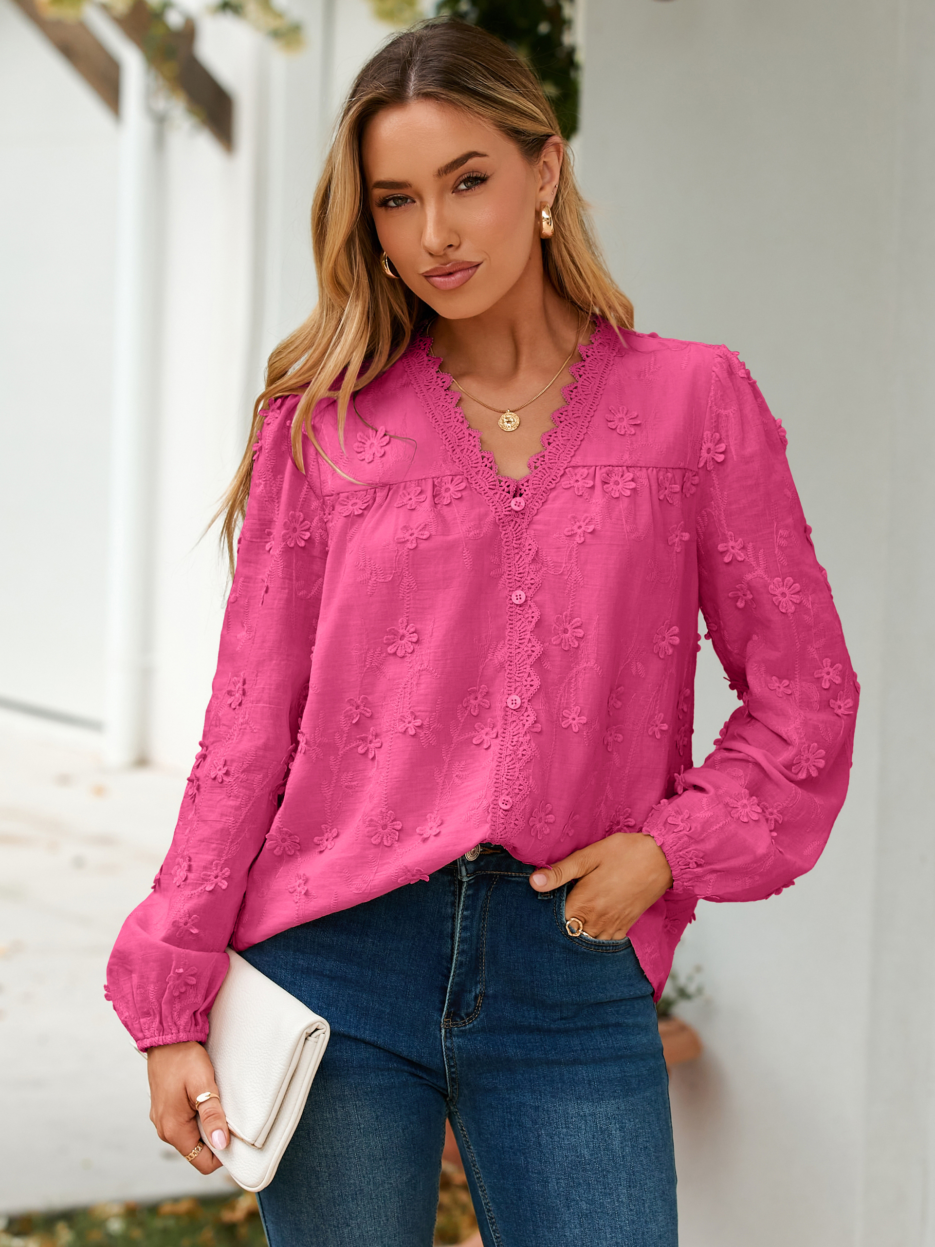 Floral Lace V Neck Embroidered Button Down Blouse