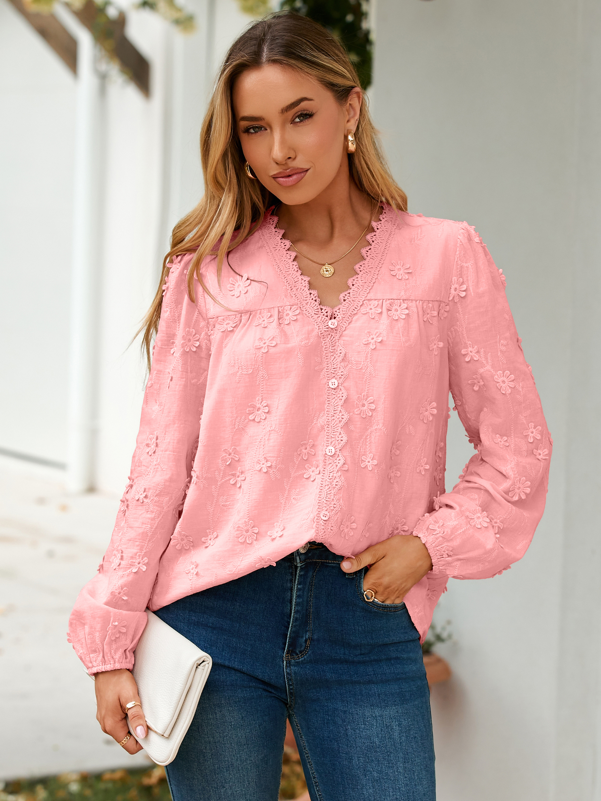 Floral Lace V Neck Embroidered Button Down Blouse