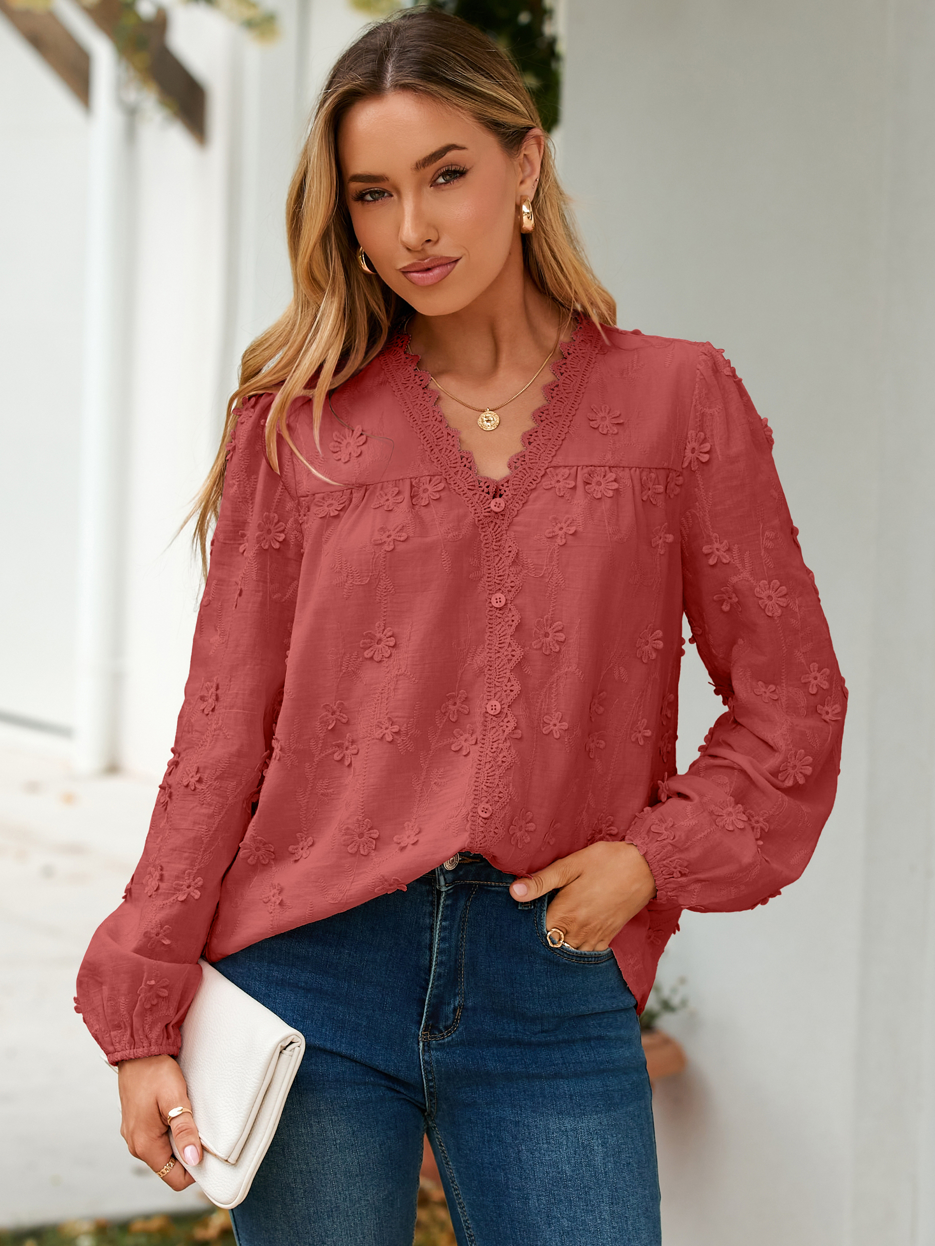 Floral Lace V Neck Embroidered Button Down Blouse
