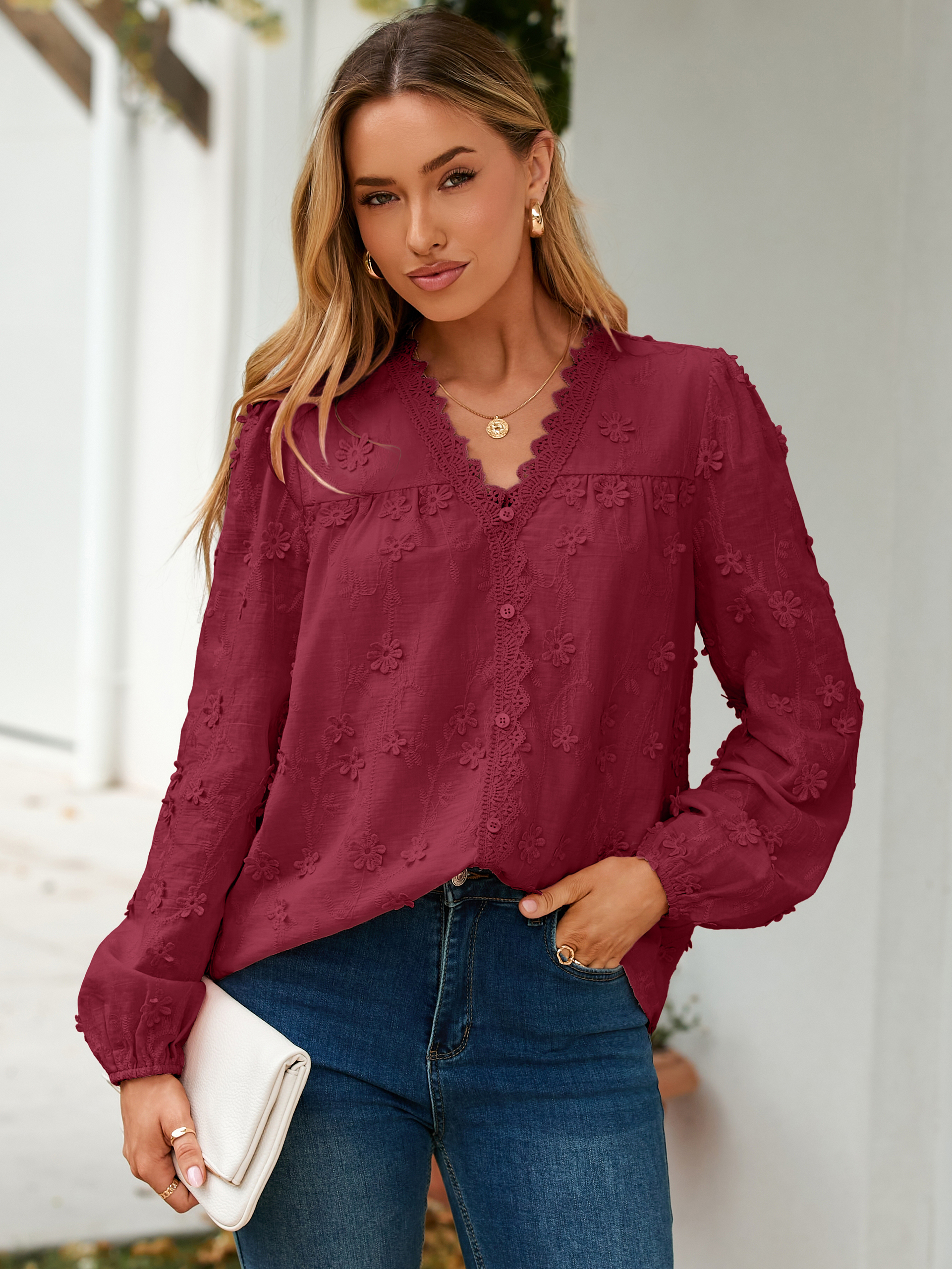 Floral Lace V Neck Embroidered Button Down Blouse