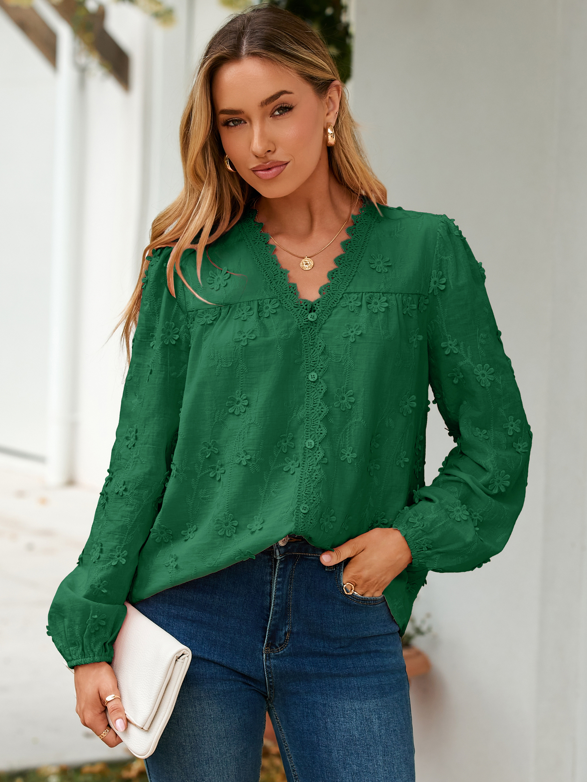 Floral Lace V Neck Embroidered Button Down Blouse