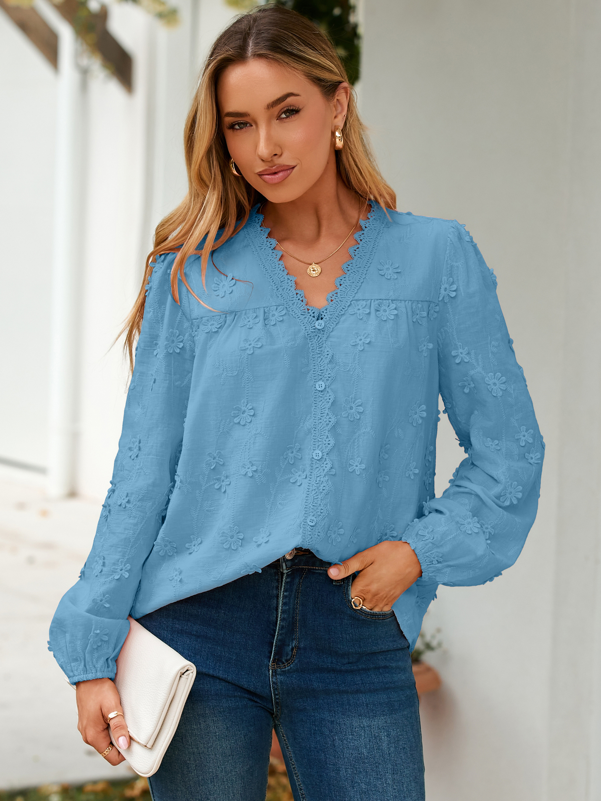 Floral Lace V Neck Embroidered Button Down Blouse