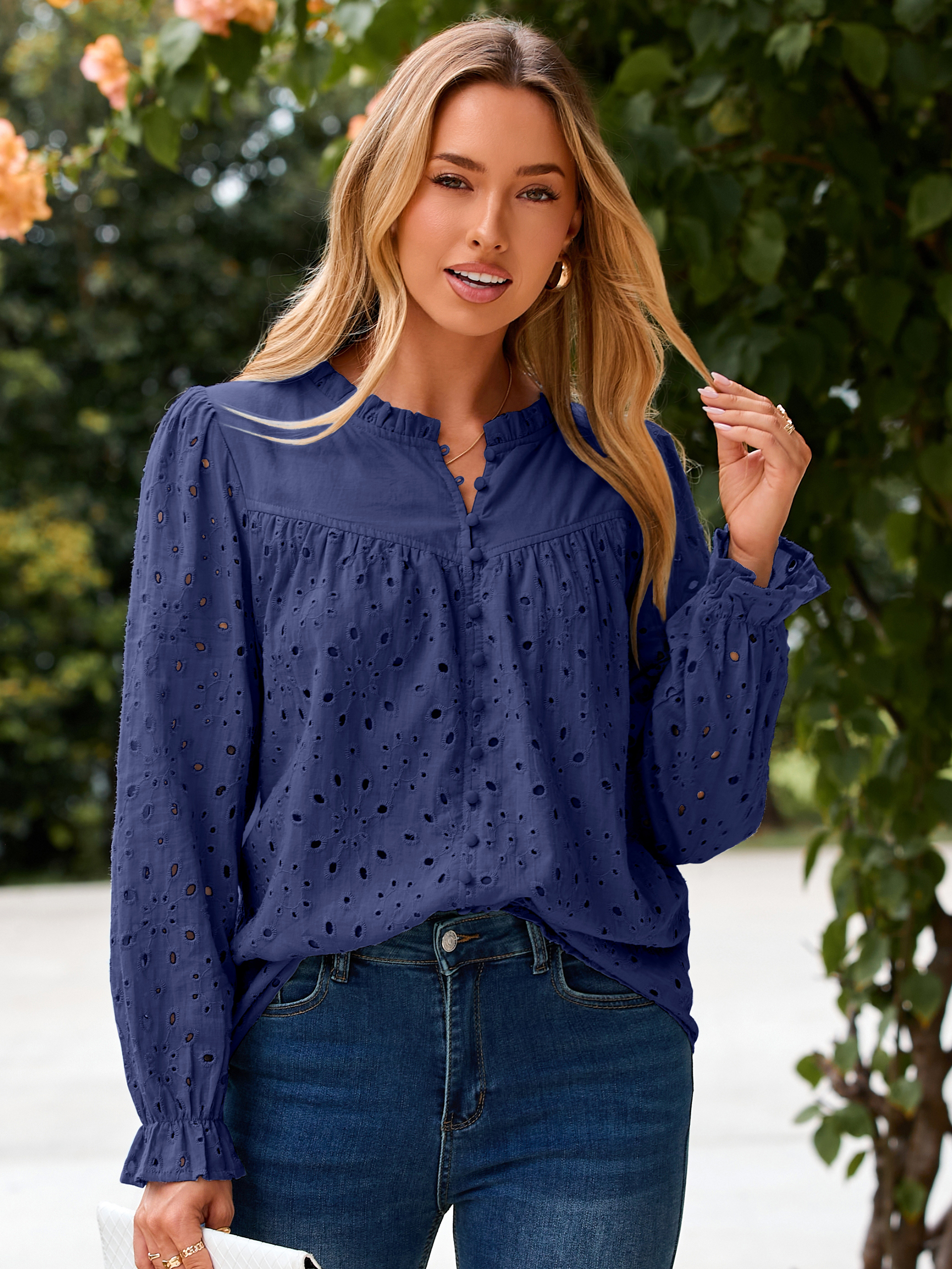Eyelet Lace Puff Sleeve Button Down Blouse