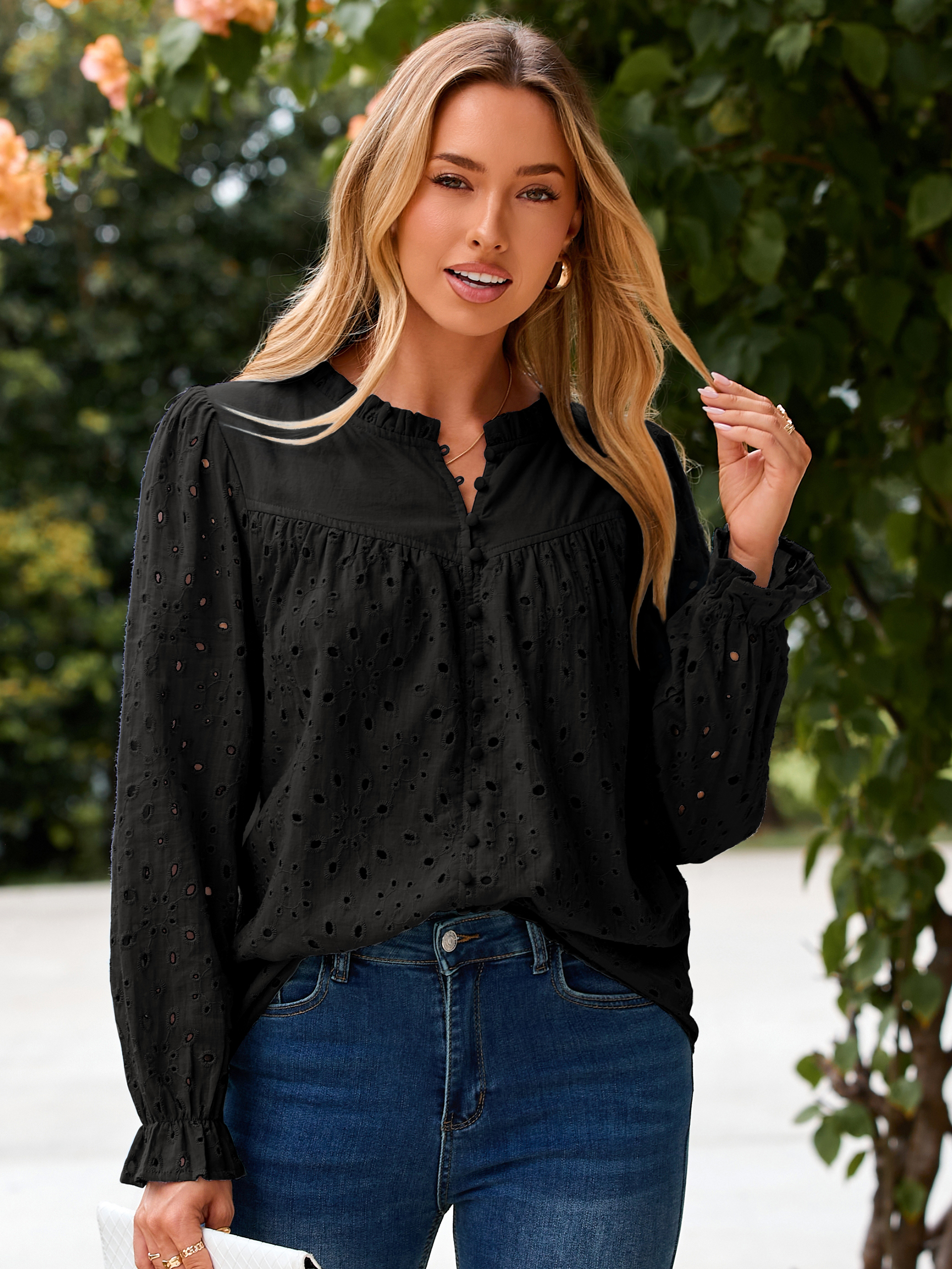 Eyelet Lace Puff Sleeve Button Down Blouse