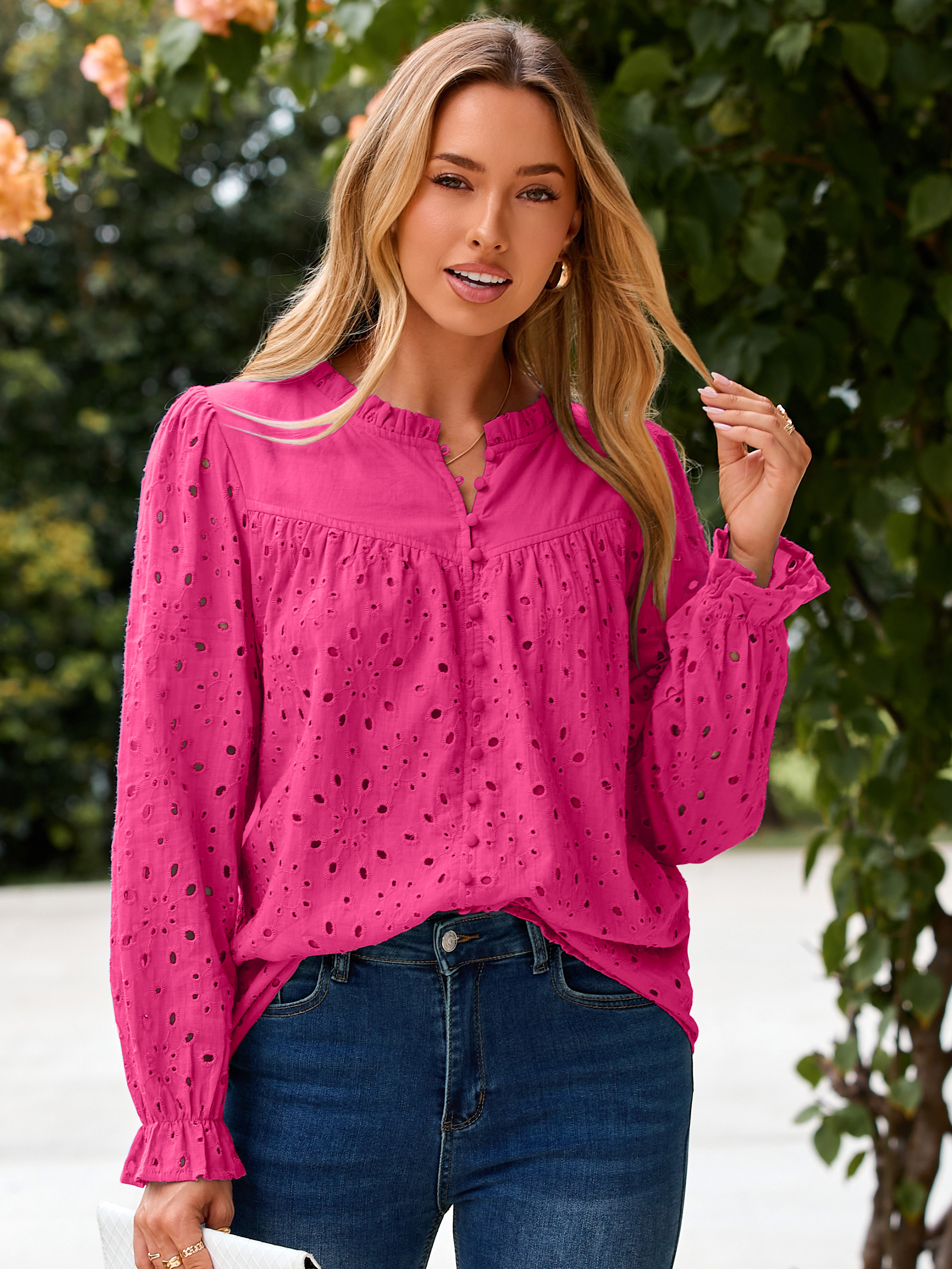 Eyelet Lace Puff Sleeve Button Down Blouse