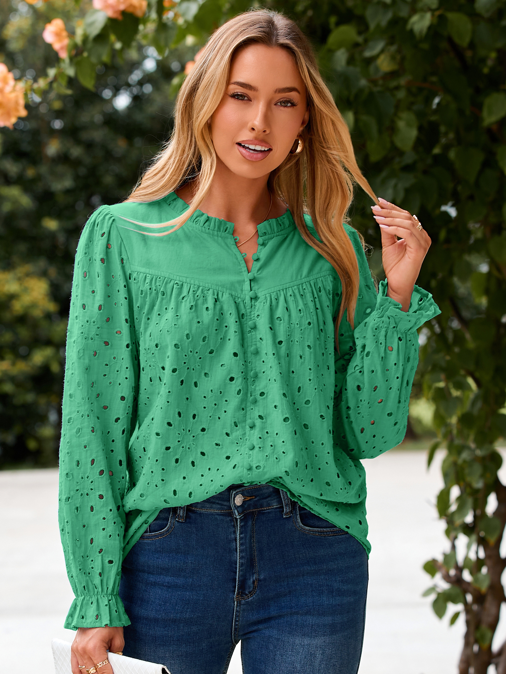 Eyelet Lace Puff Sleeve Button Down Blouse
