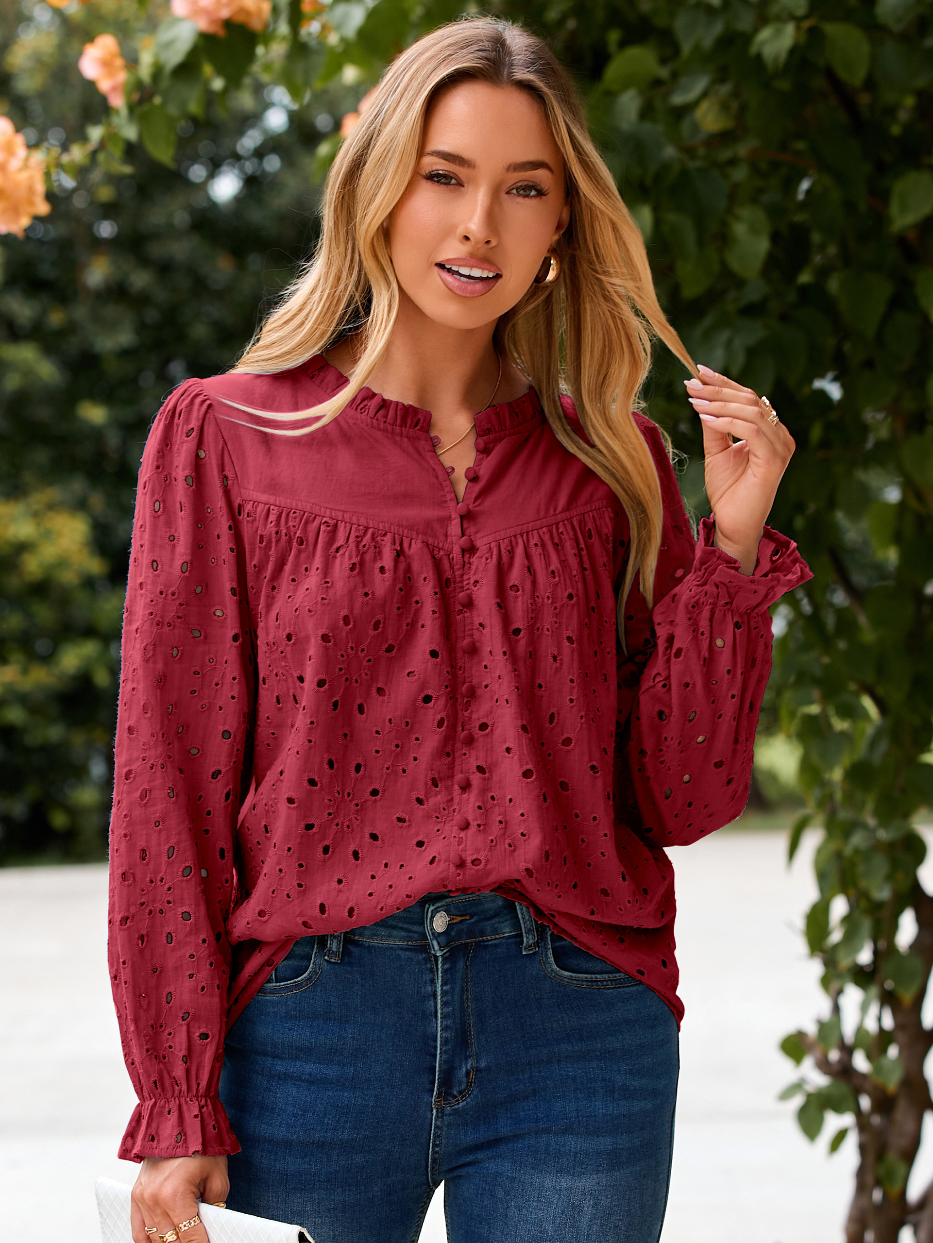 Eyelet Lace Puff Sleeve Button Down Blouse