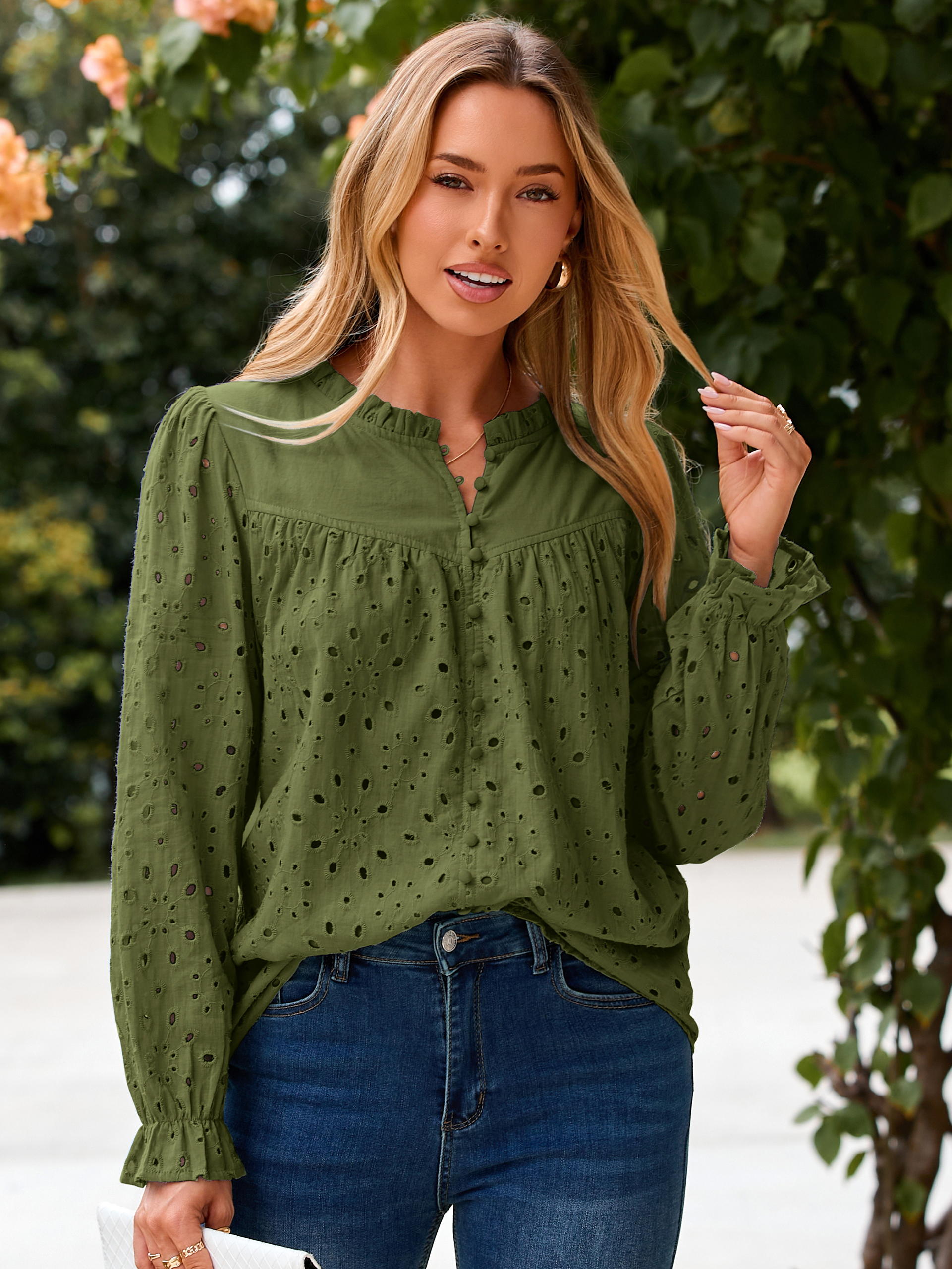 Eyelet Lace Puff Sleeve Button Down Blouse