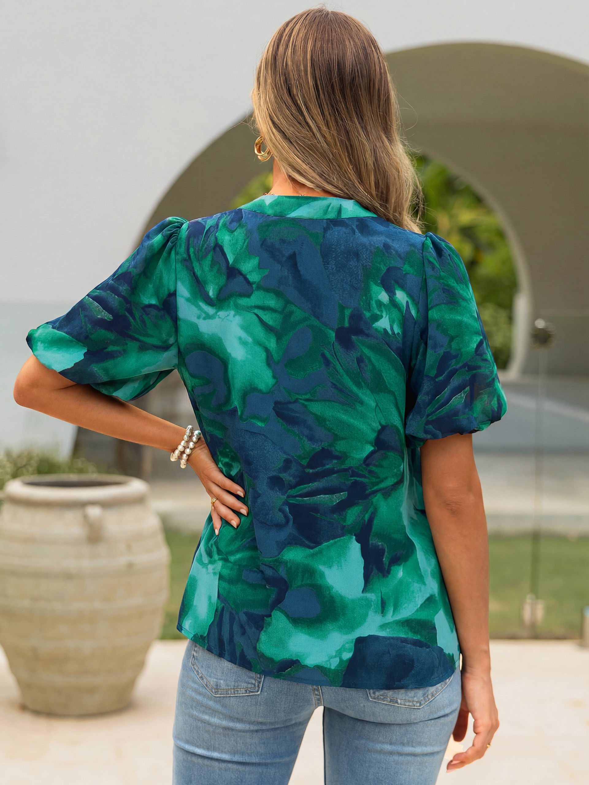 Floral V Neck Puff Sleeve Button Down Blouse