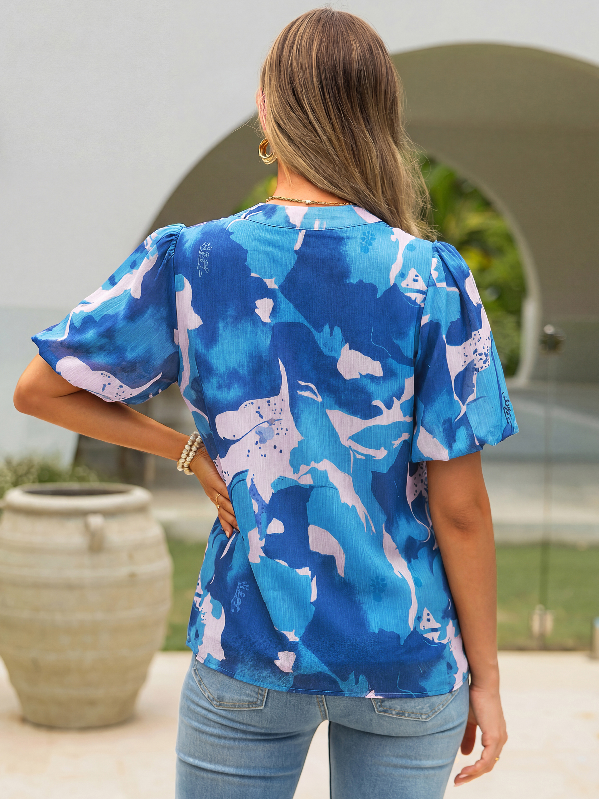 Floral V Neck Puff Sleeve Button Down Blouse