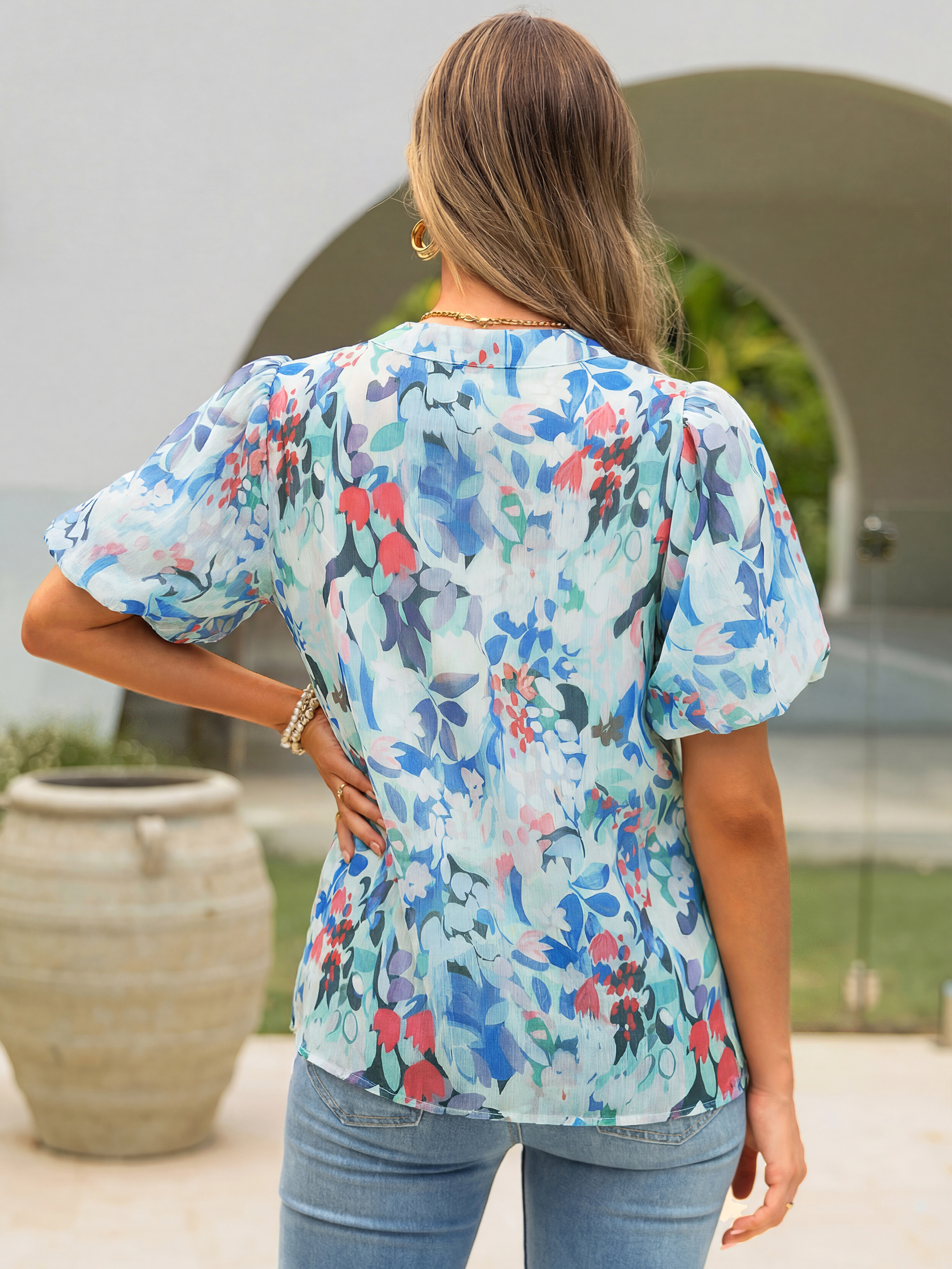 Floral V Neck Puff Sleeve Button Down Blouse
