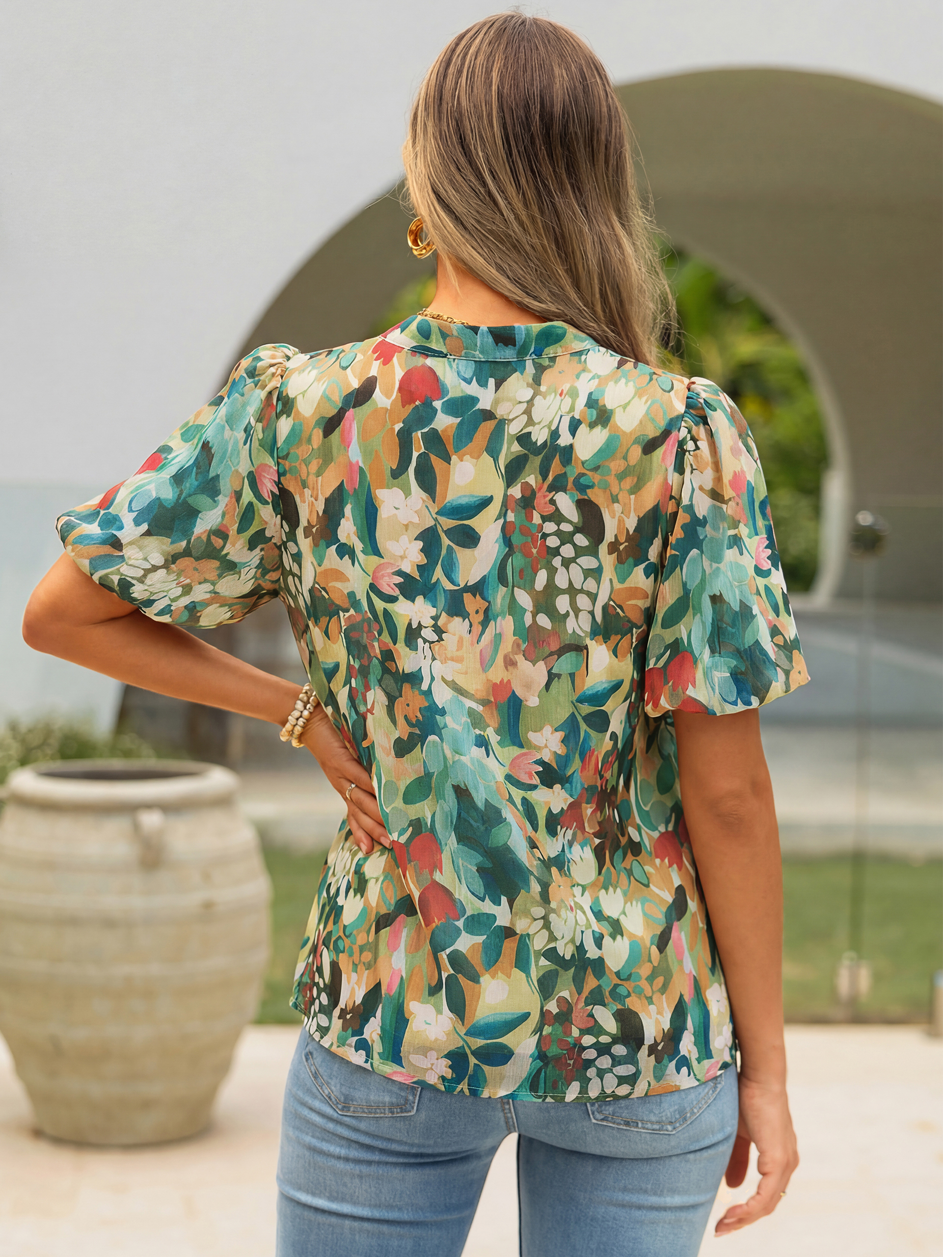 Floral V Neck Puff Sleeve Button Down Blouse
