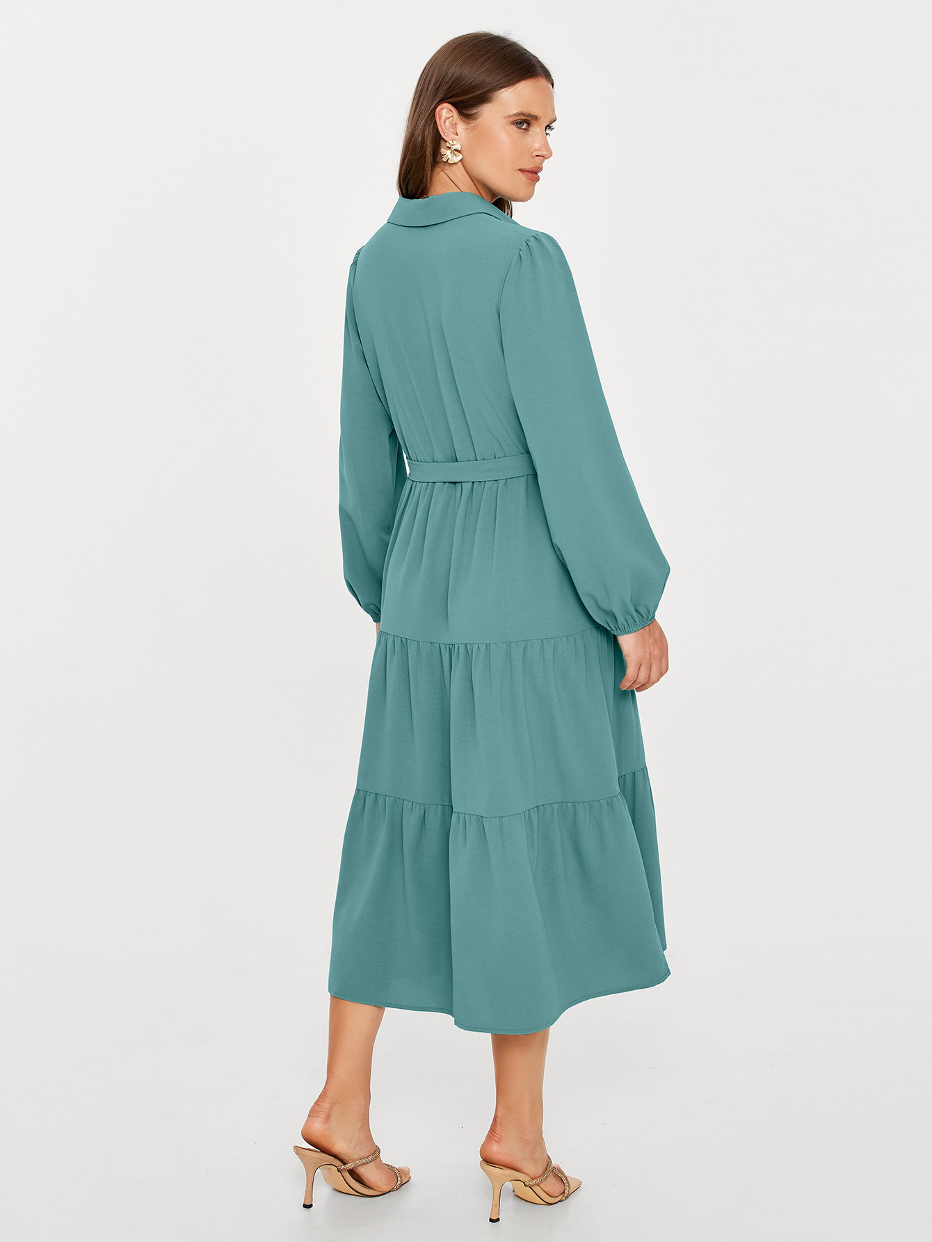 Button Up Lantern Sleeve Flowy Maxi Dress