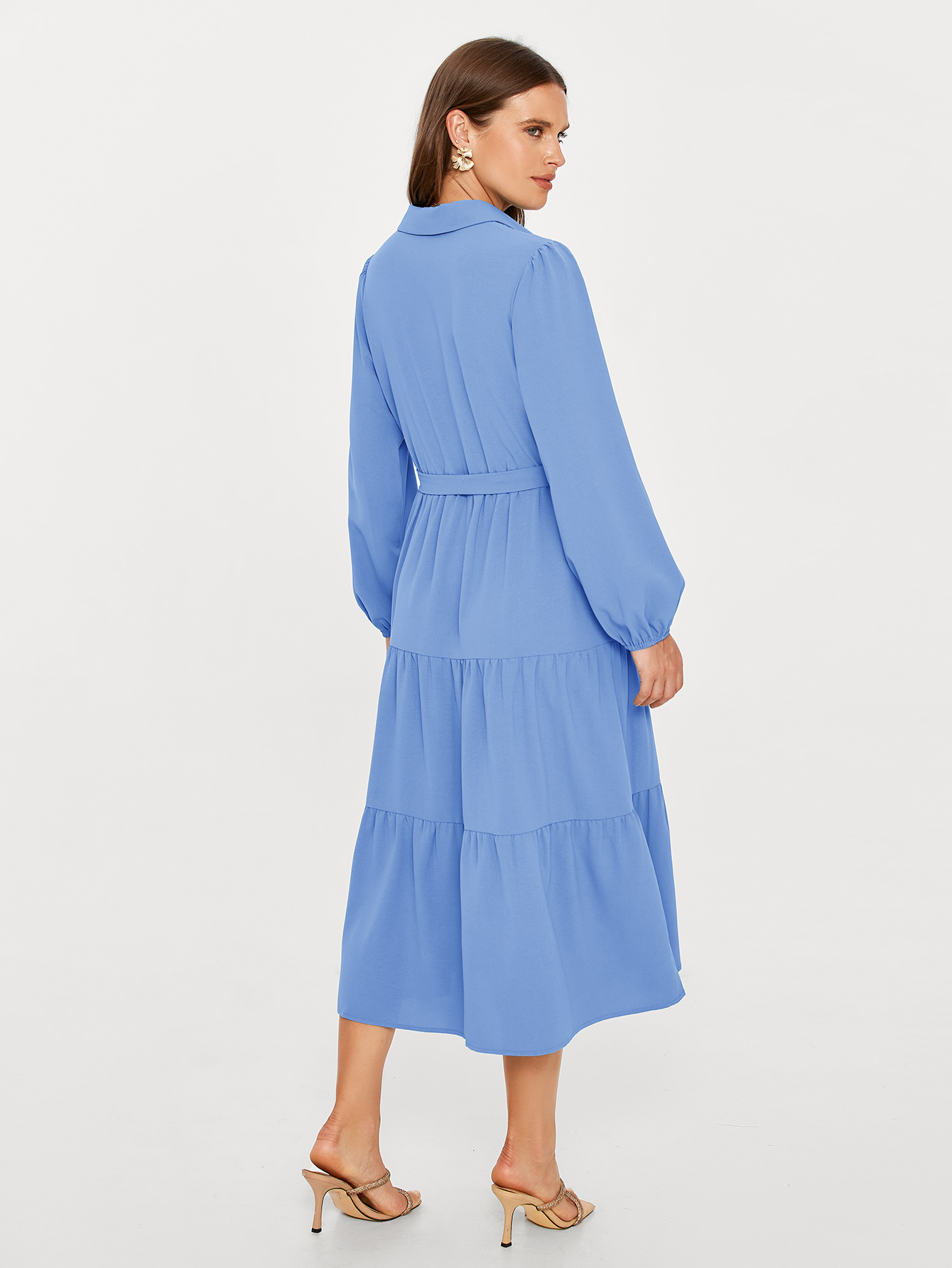 Button Up Lantern Sleeve Flowy Maxi Dress