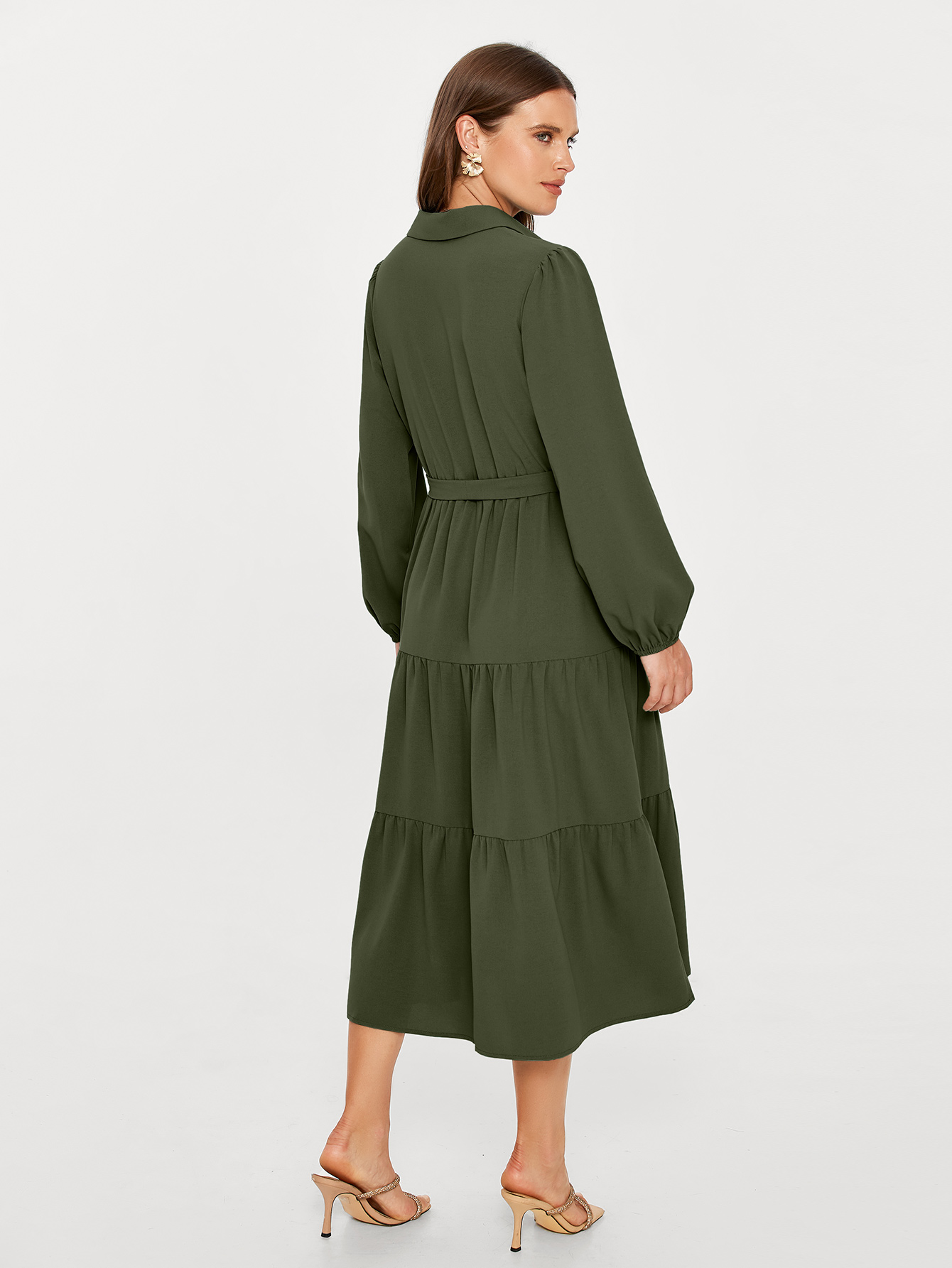 Button Up Lantern Sleeve Flowy Maxi Dress