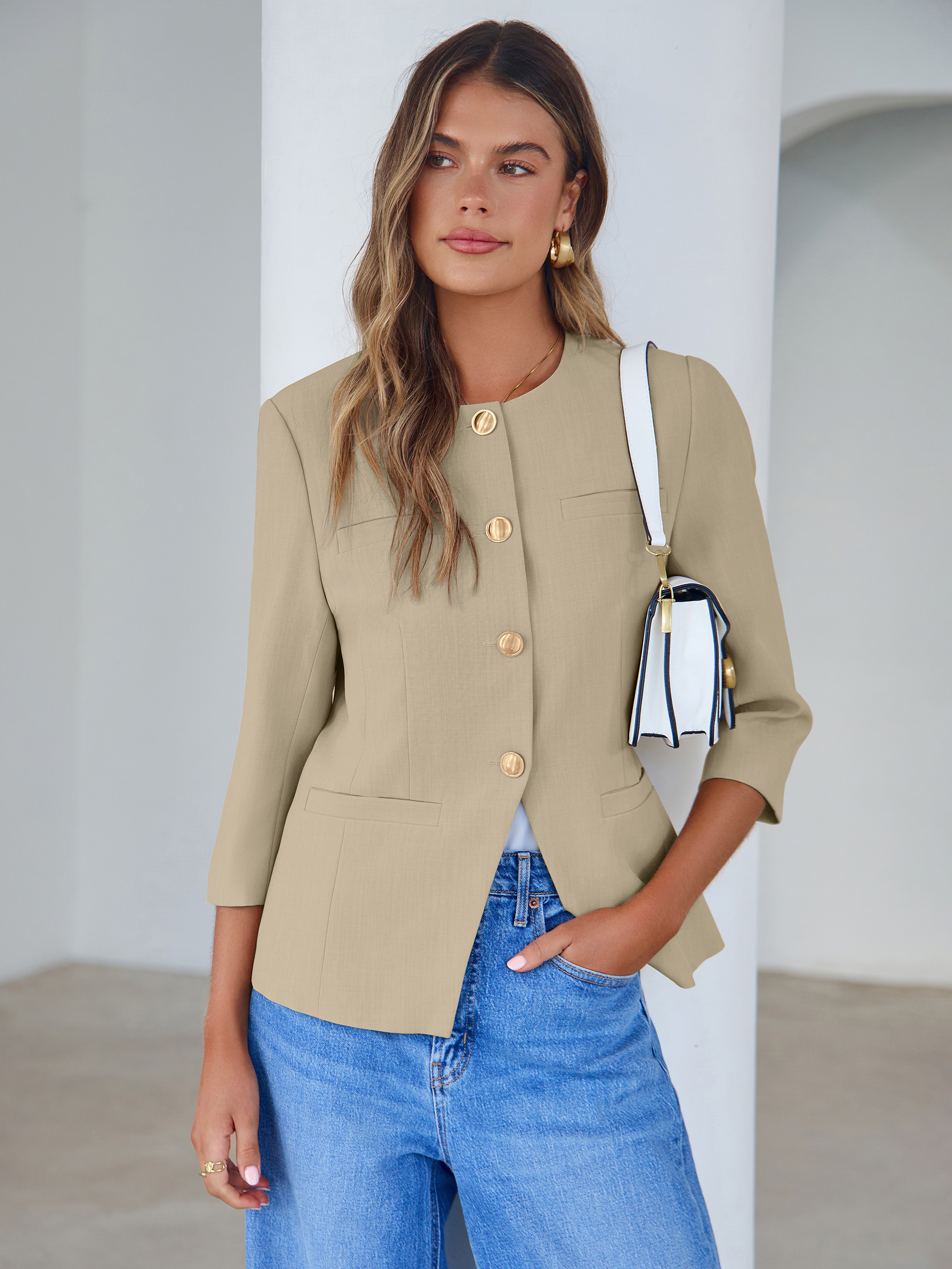 Round Neck Gold Button 3/4 Sleeve Peplum Blazer - Khaki