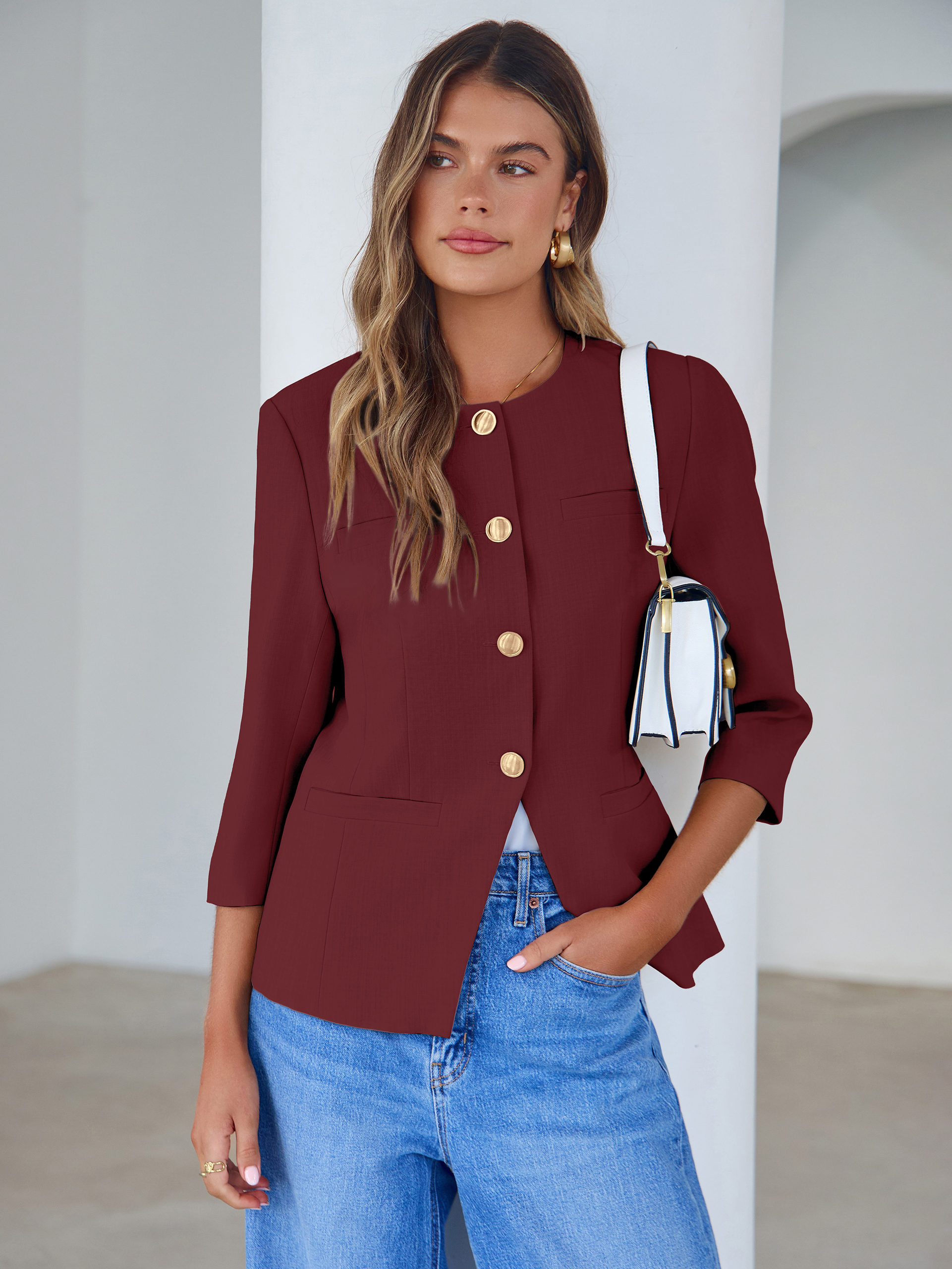 Round Neck Gold Button 3/4 Sleeve Peplum Blazer - Burgundy