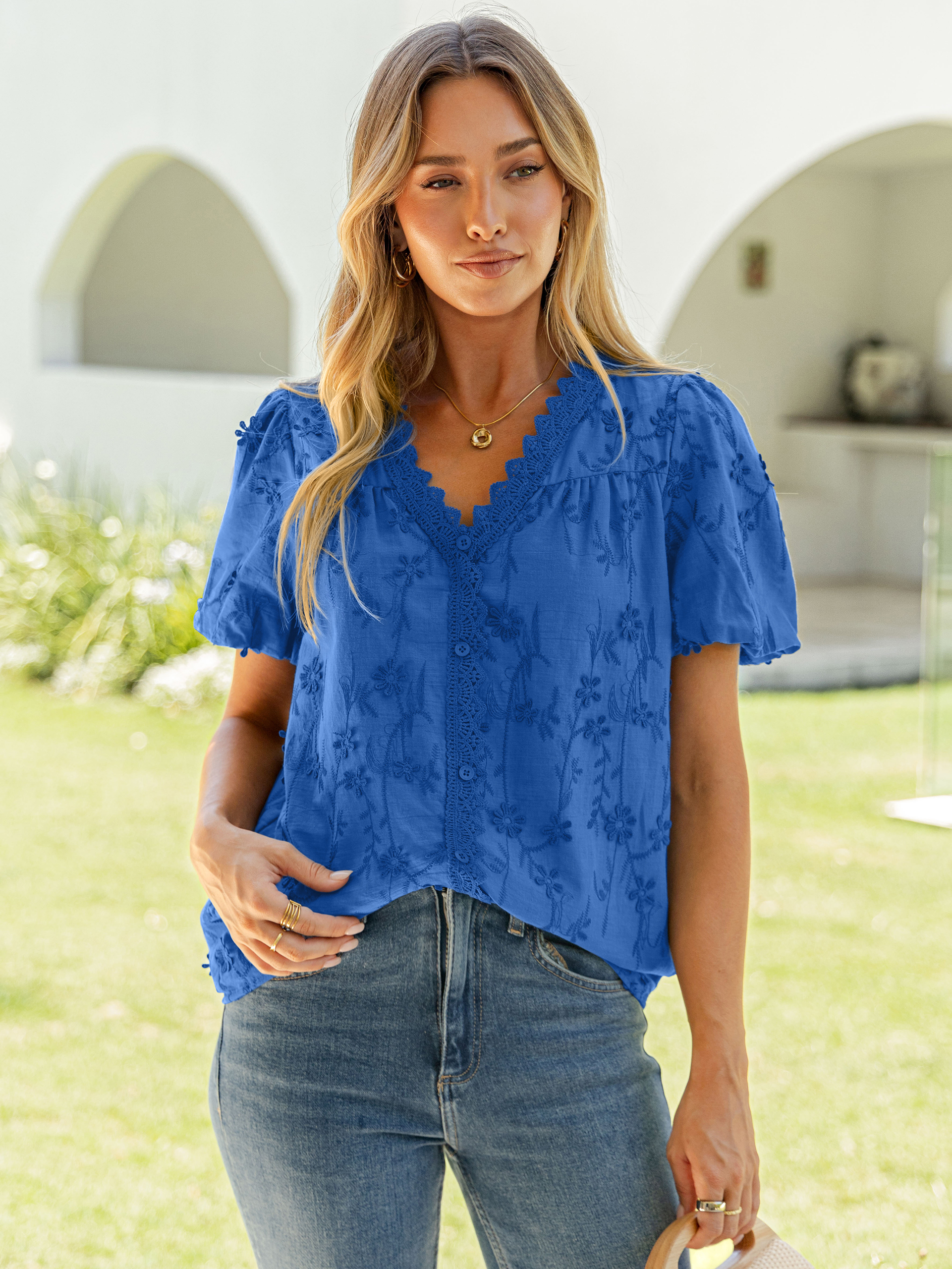 Lace V Neck Floral Embroidery Button Down Top - Royal Blue