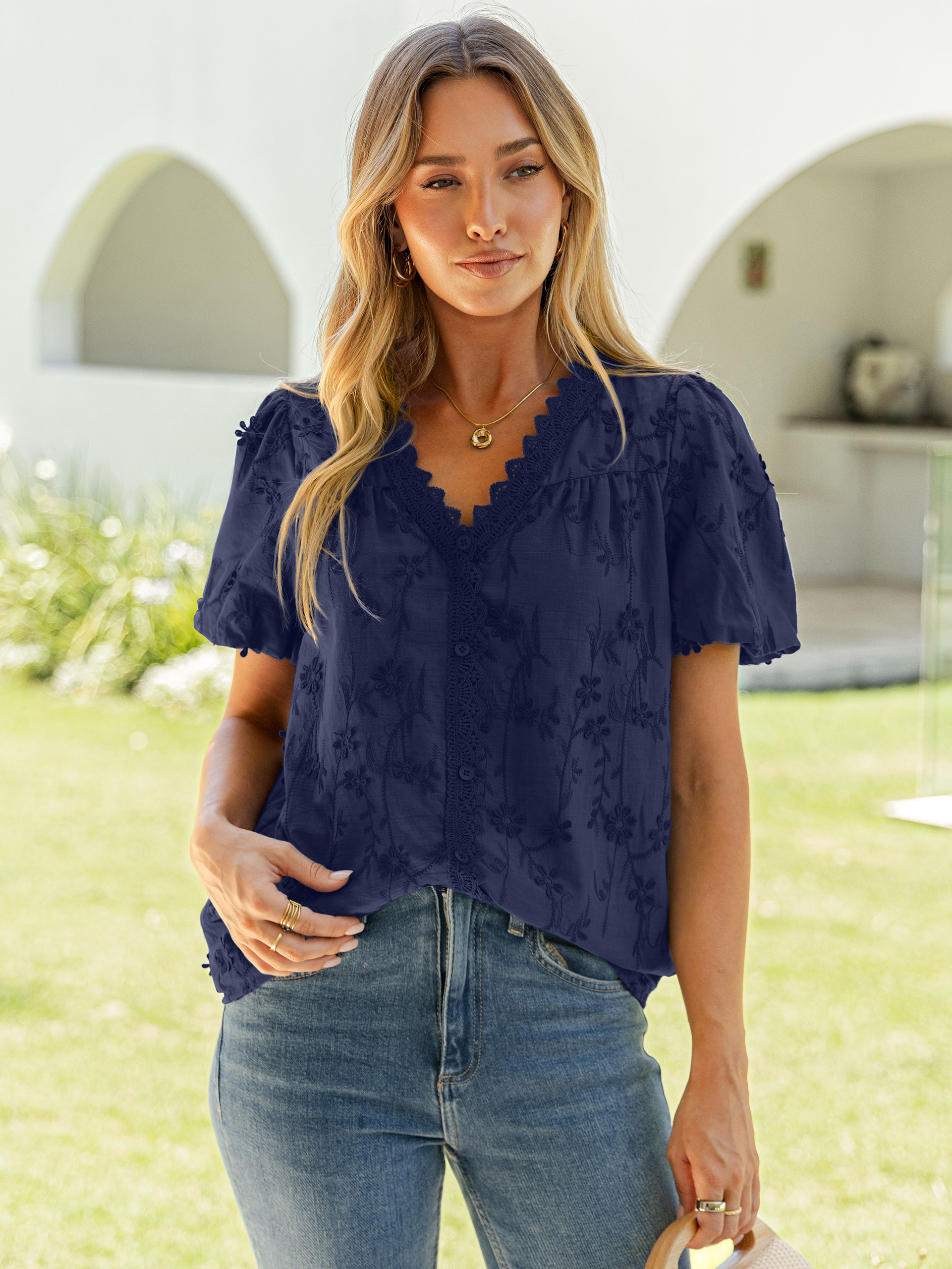 Lace V Neck Floral Embroidery Button Down Top - Navy Blue