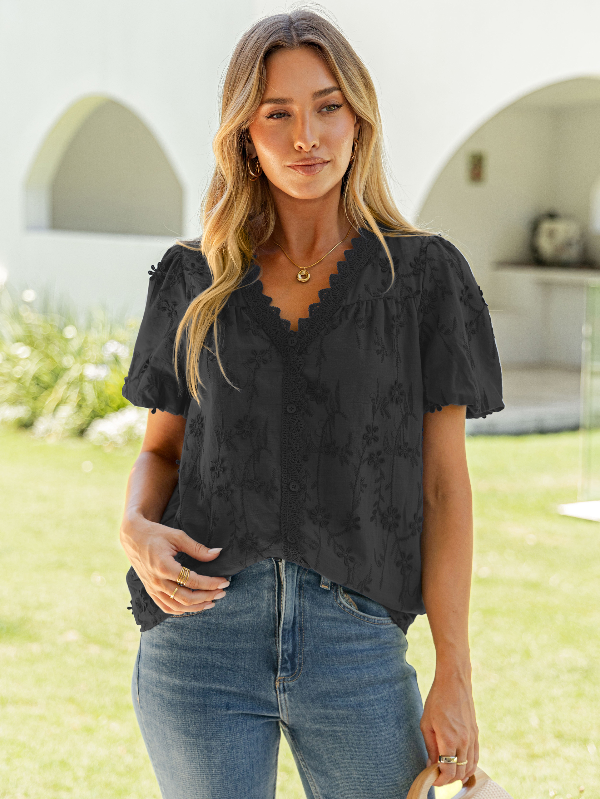 Lace V Neck Floral Embroidery Button Down Top - Black