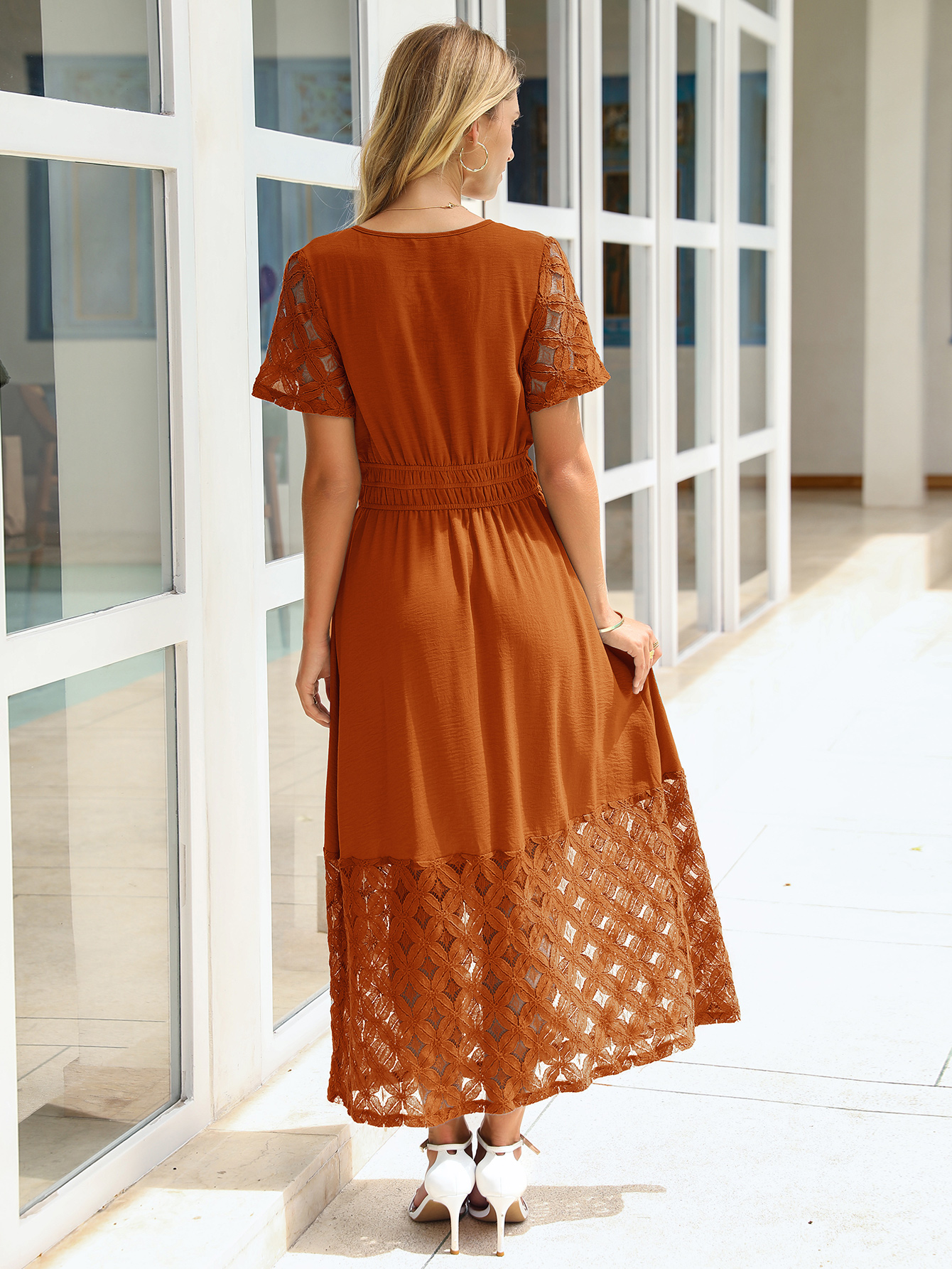 Lace Boho V Neck Short Sleeve Tiered Maxi Dress - Orange