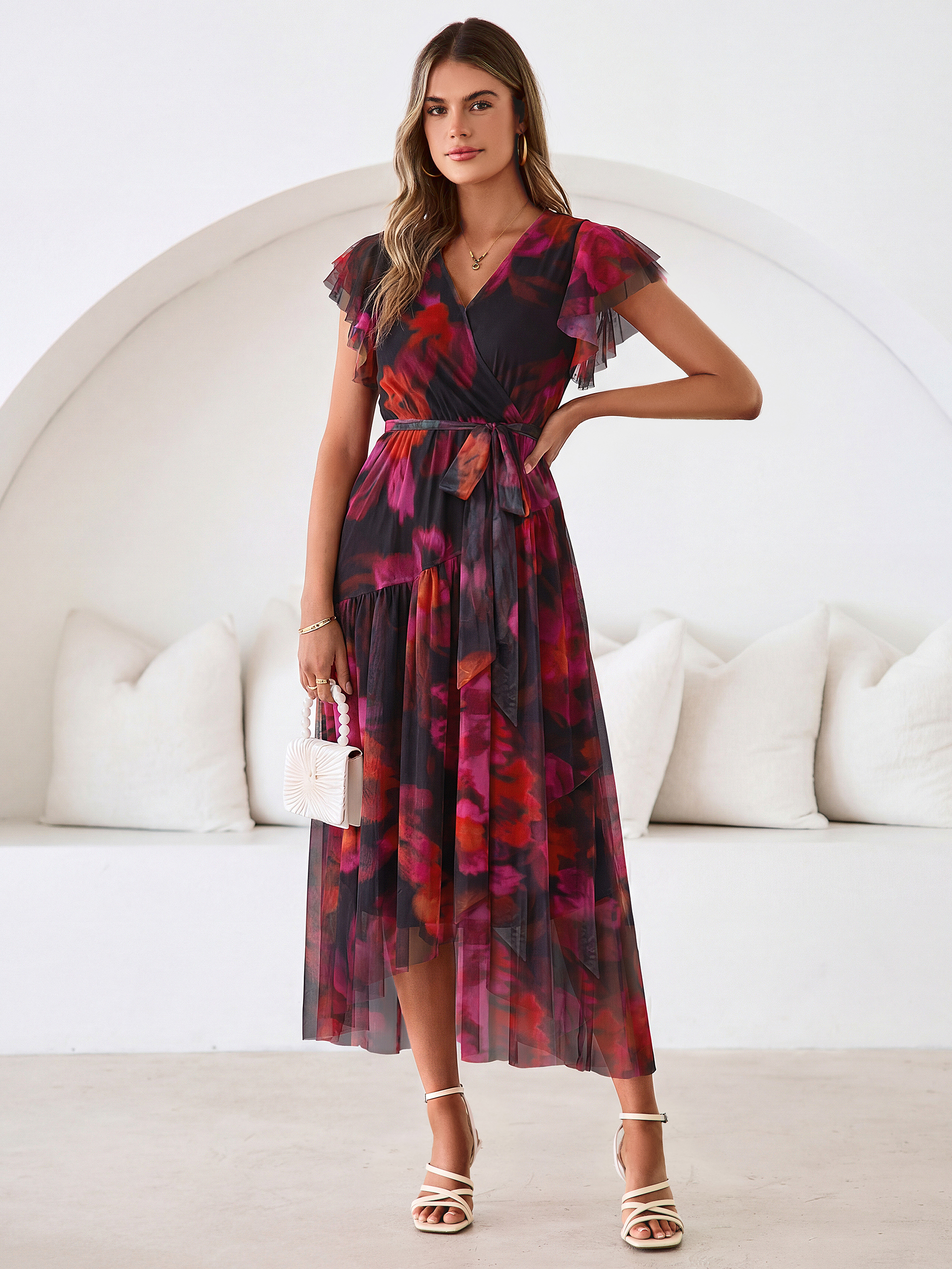 Floral V Neck Flutter Sleeve Flowy Maxi Dress