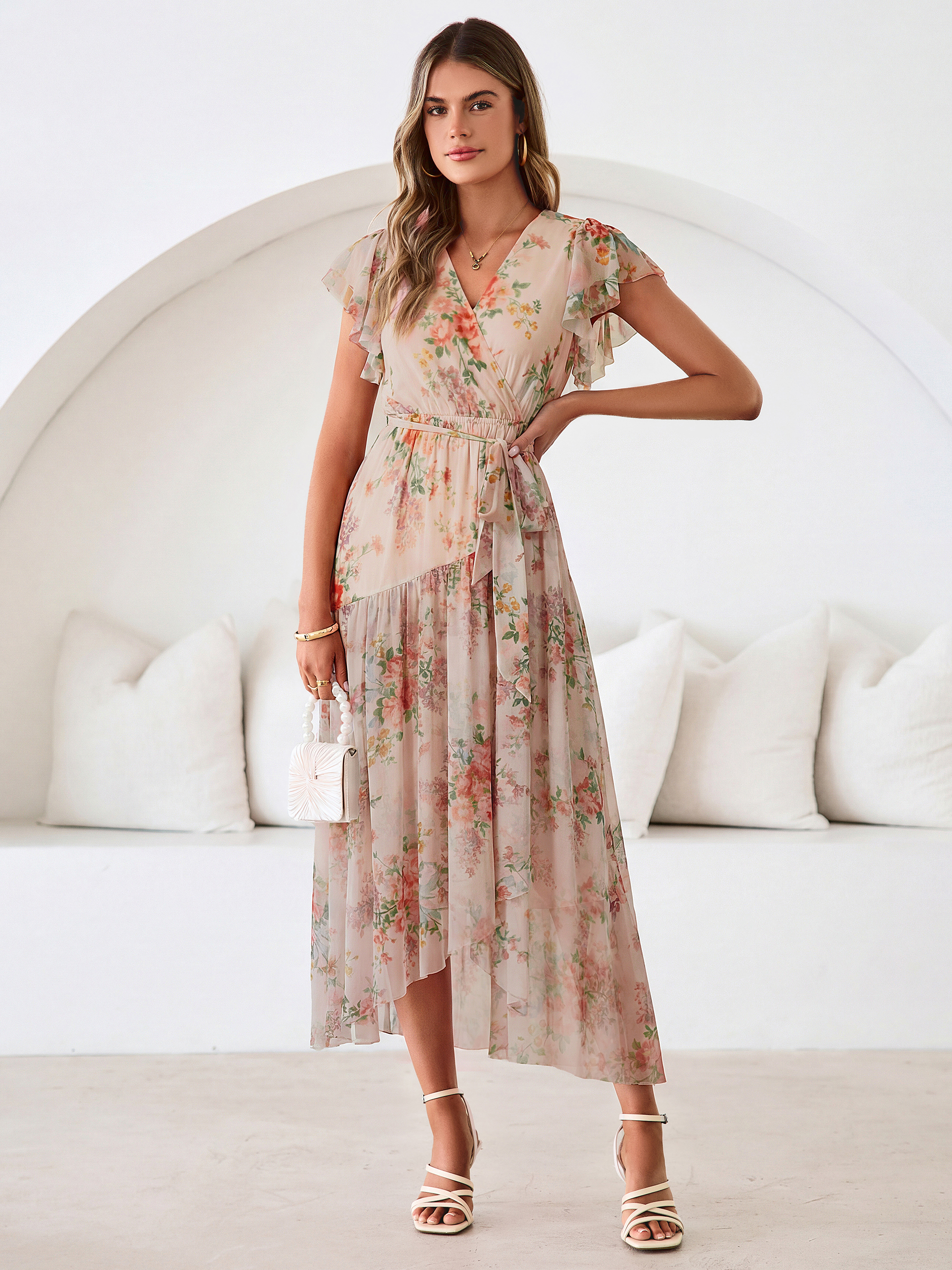 Floral V Neck Flutter Sleeve Flowy Maxi Dress