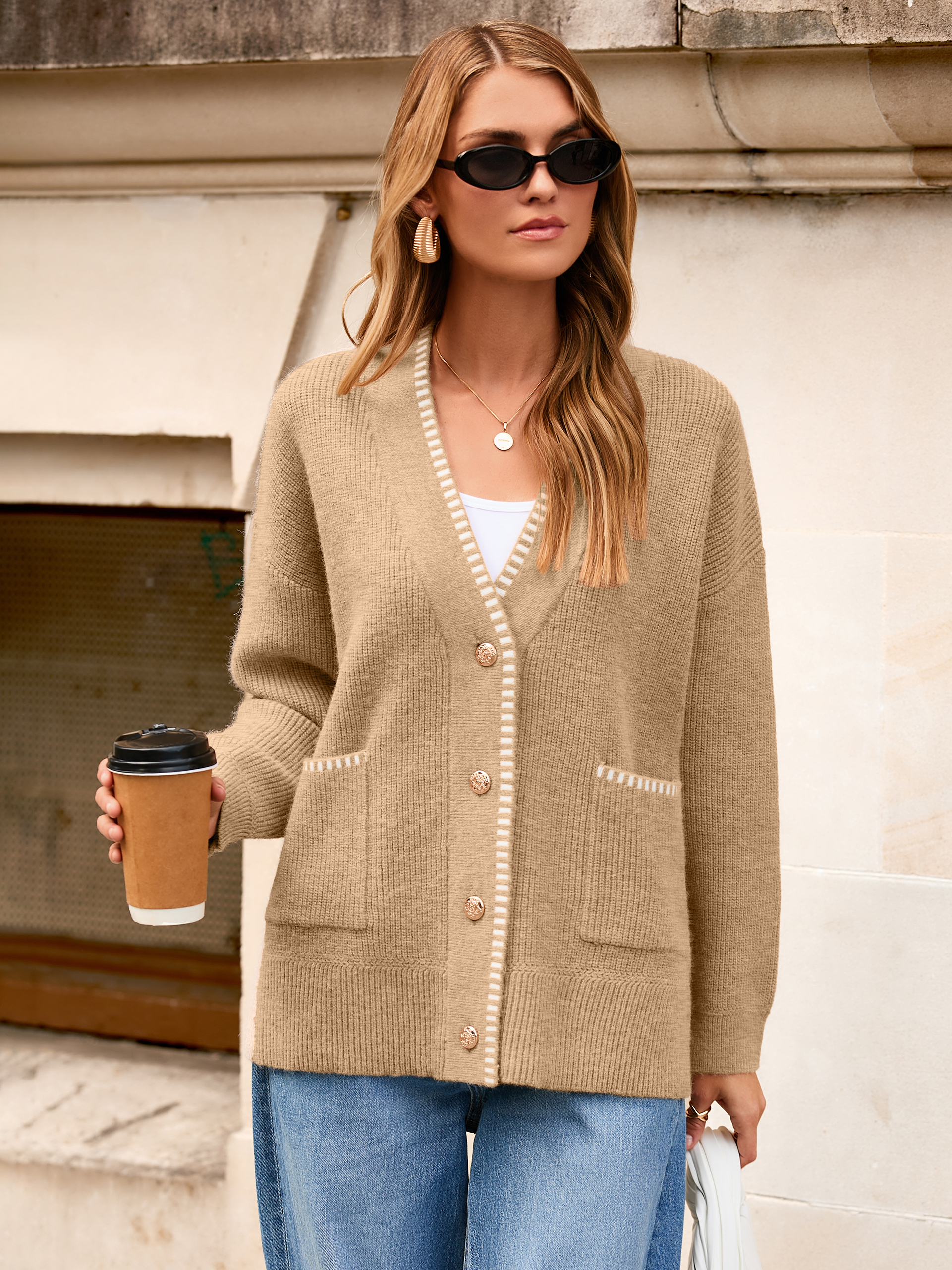 V-Neck Button Up Chunky Oversized Crochet Cardigan