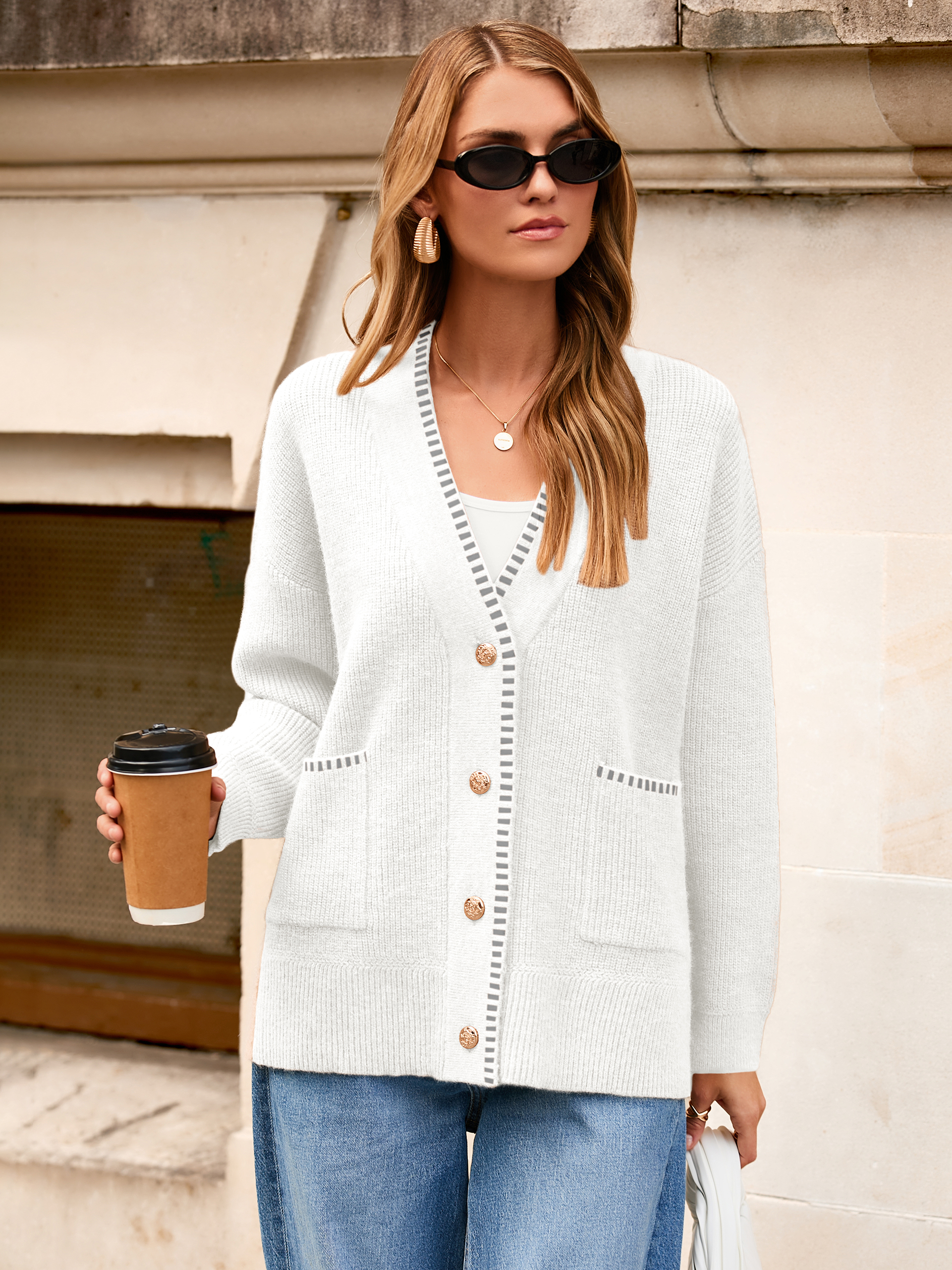 V-Neck Button Up Chunky Oversized Crochet Cardigan