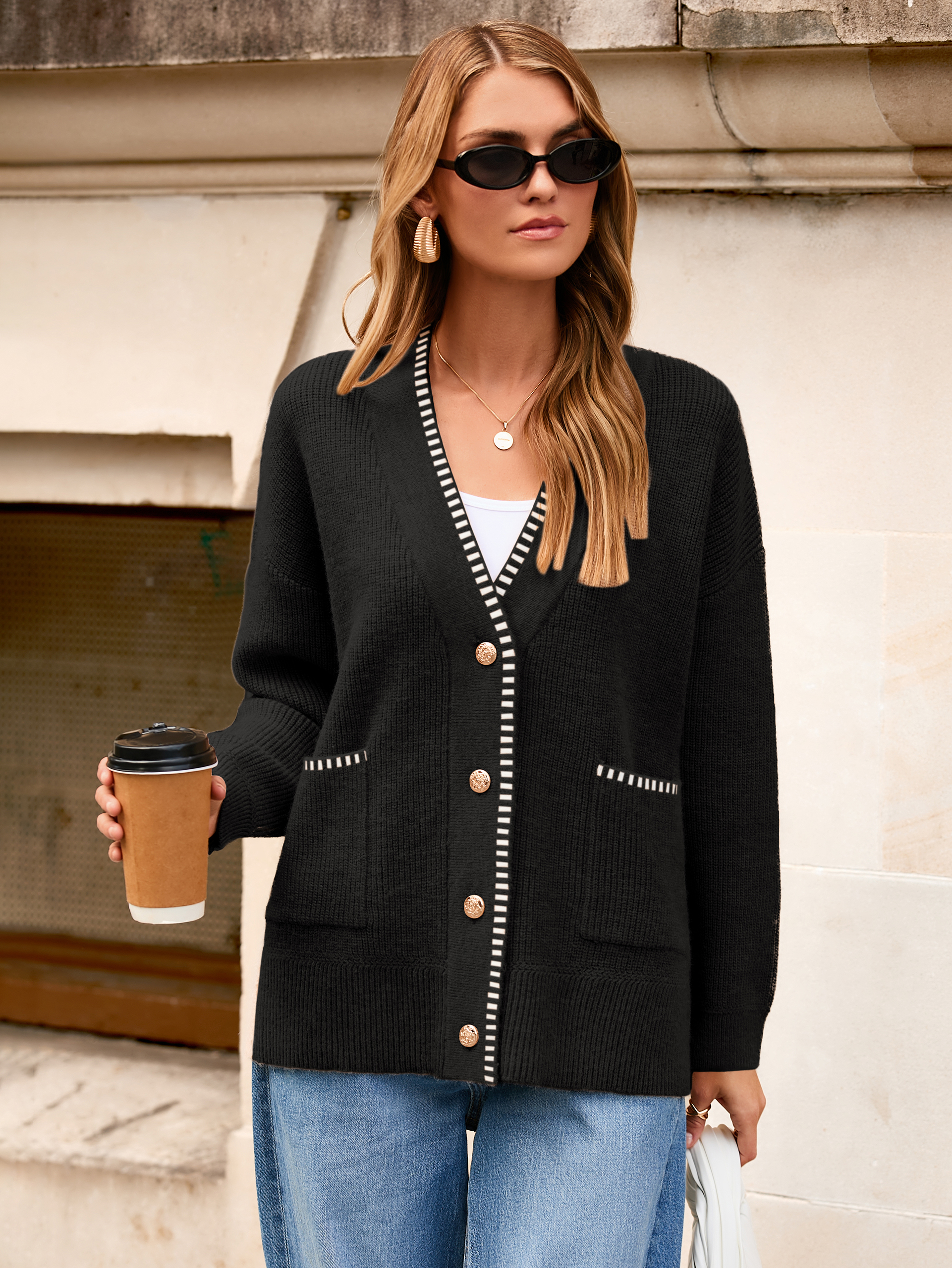 V-Neck Button Up Chunky Oversized Crochet Cardigan