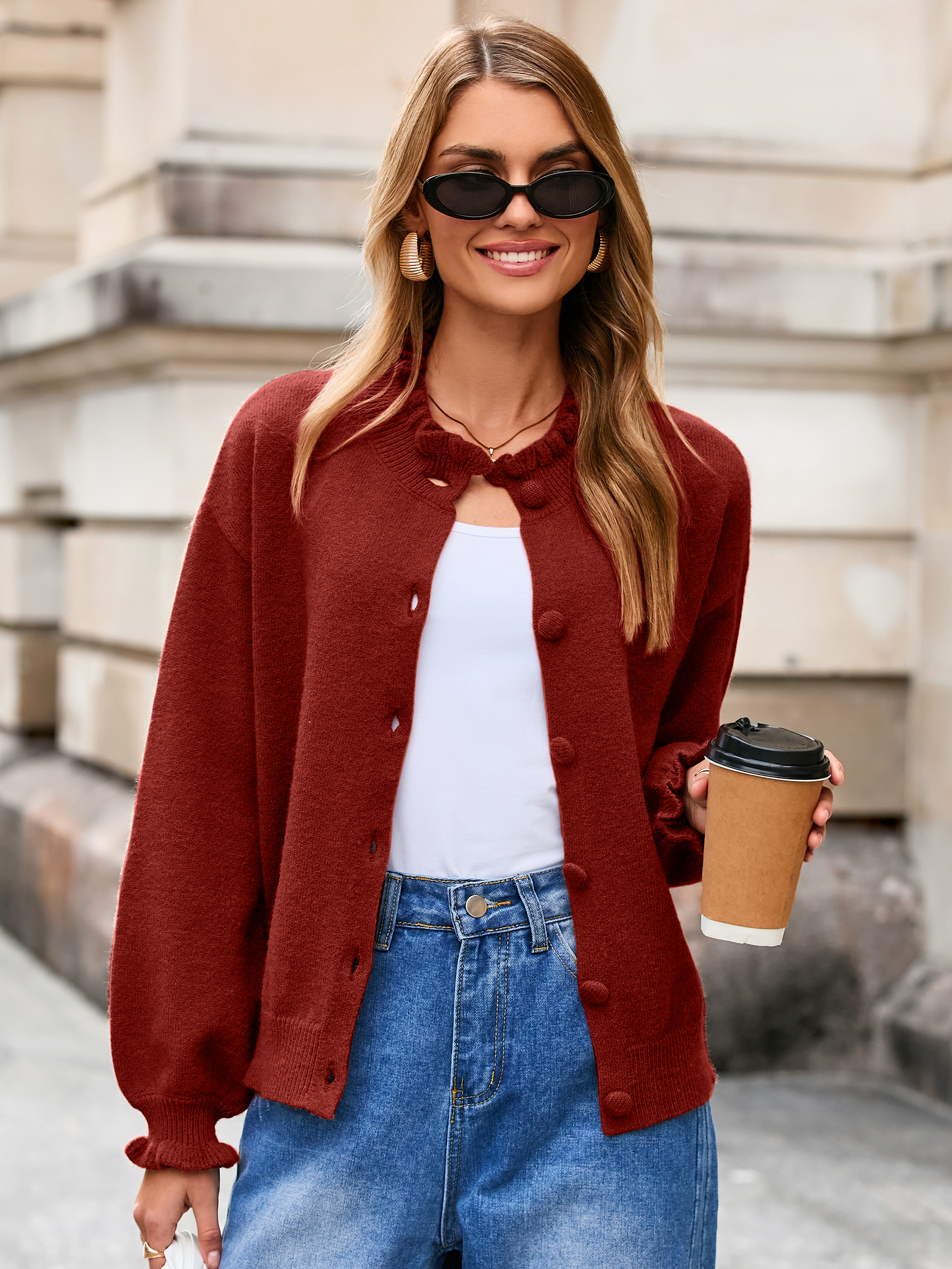 Ruffled Collar Mock Neck Button Cardigan