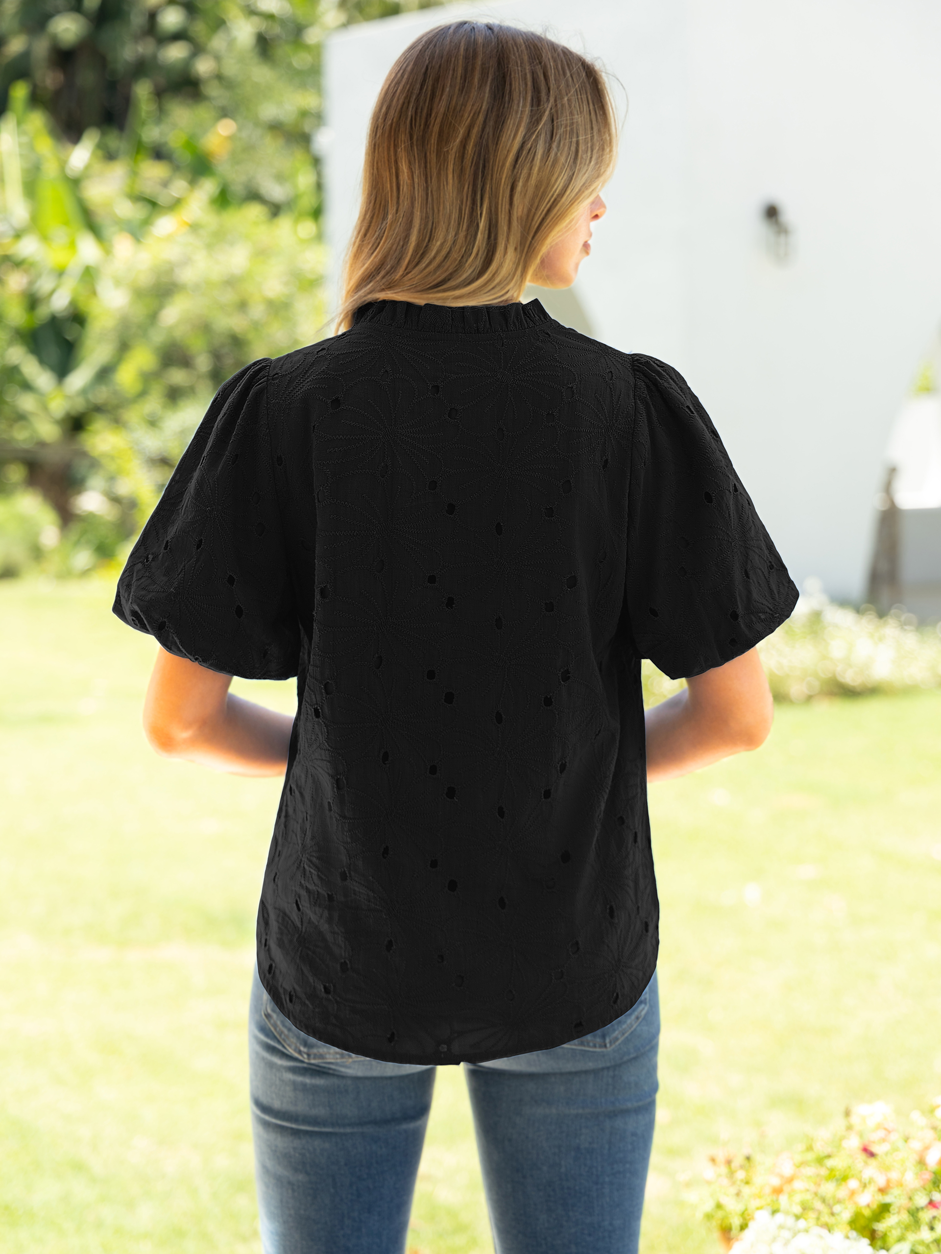 V Neck Eyelet Ruffle Button Up Puff Sleeve Top