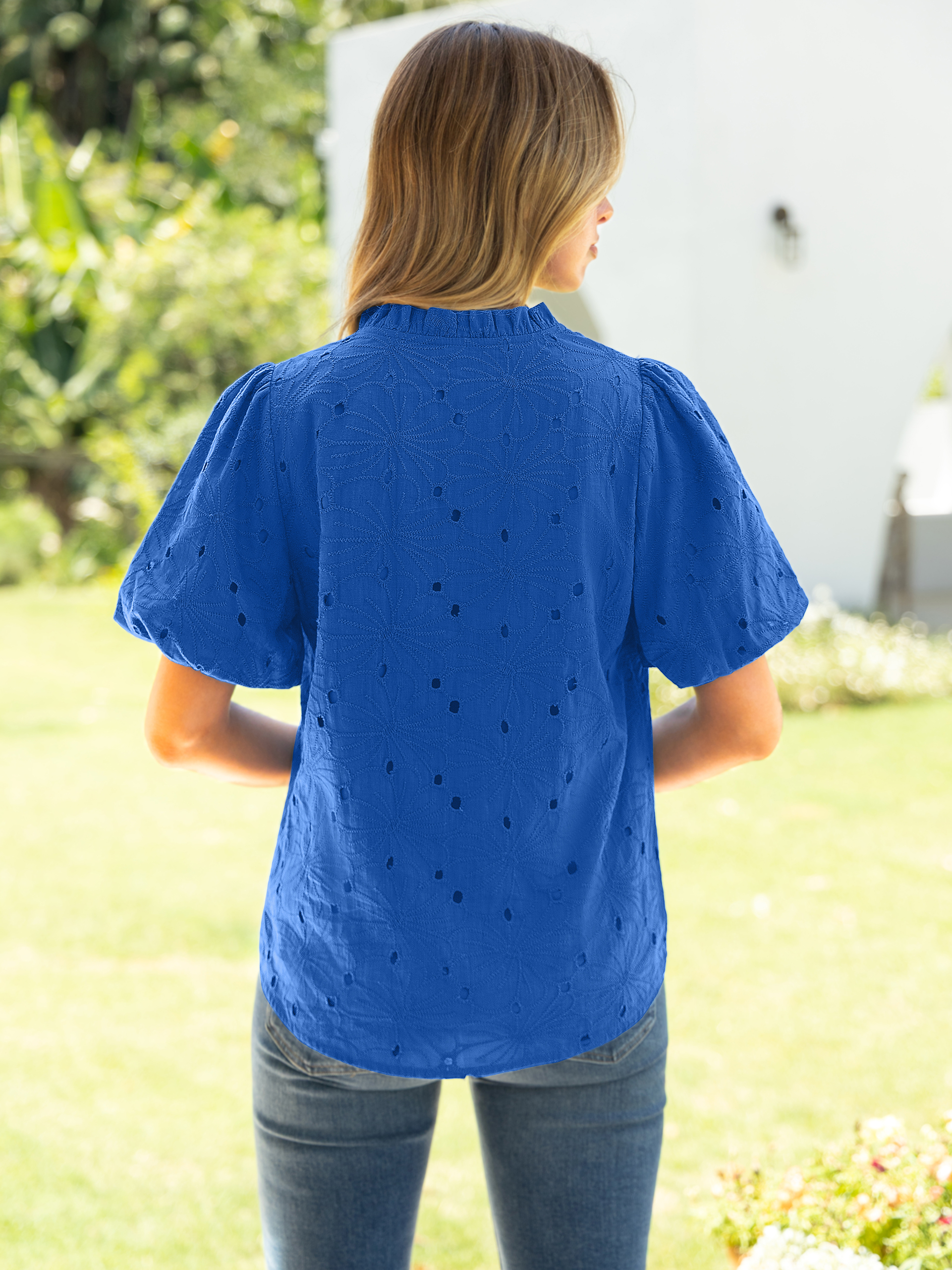 V Neck Eyelet Ruffle Button Up Puff Sleeve Top