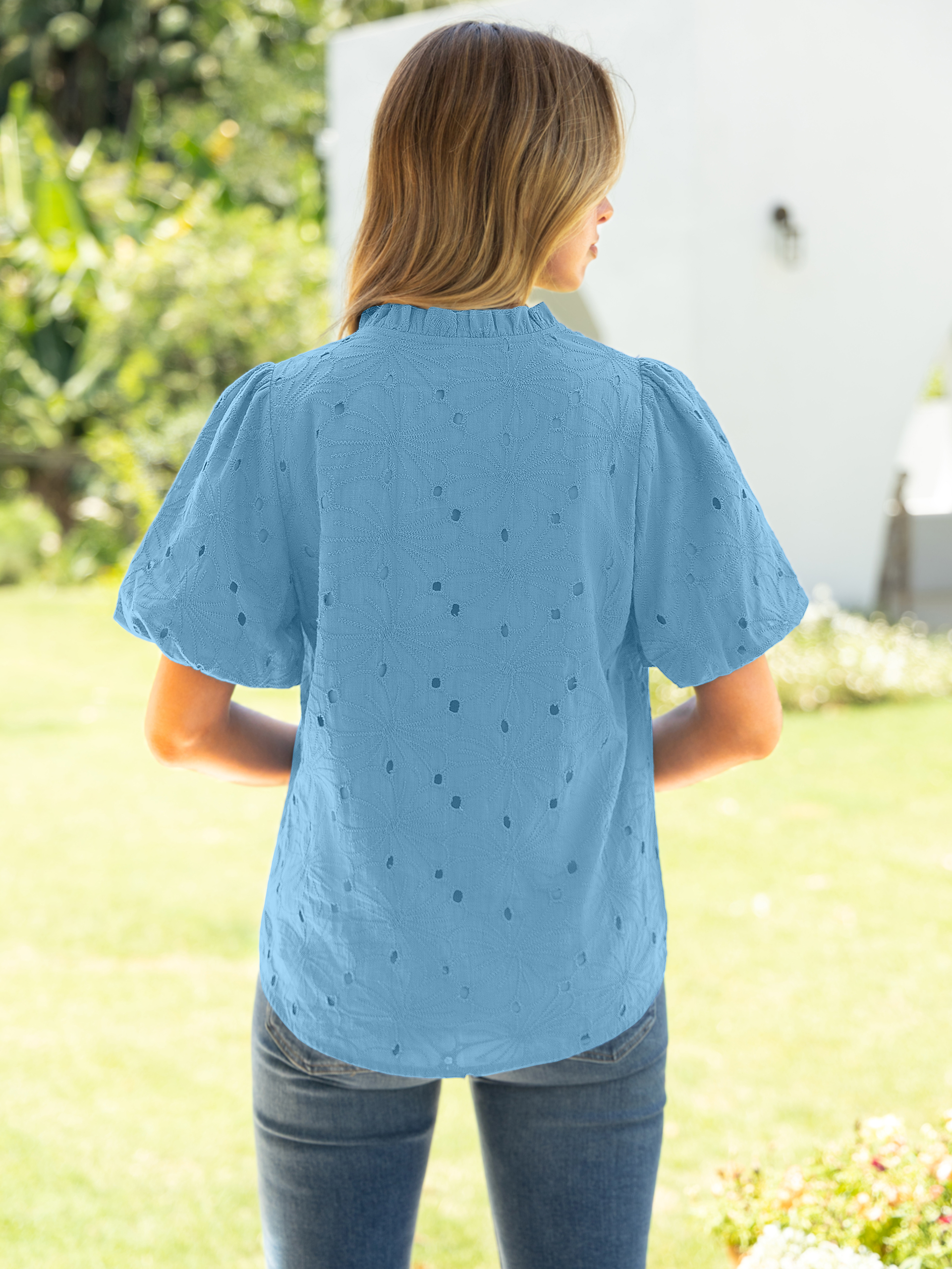 V Neck Eyelet Ruffle Button Up Puff Sleeve Top