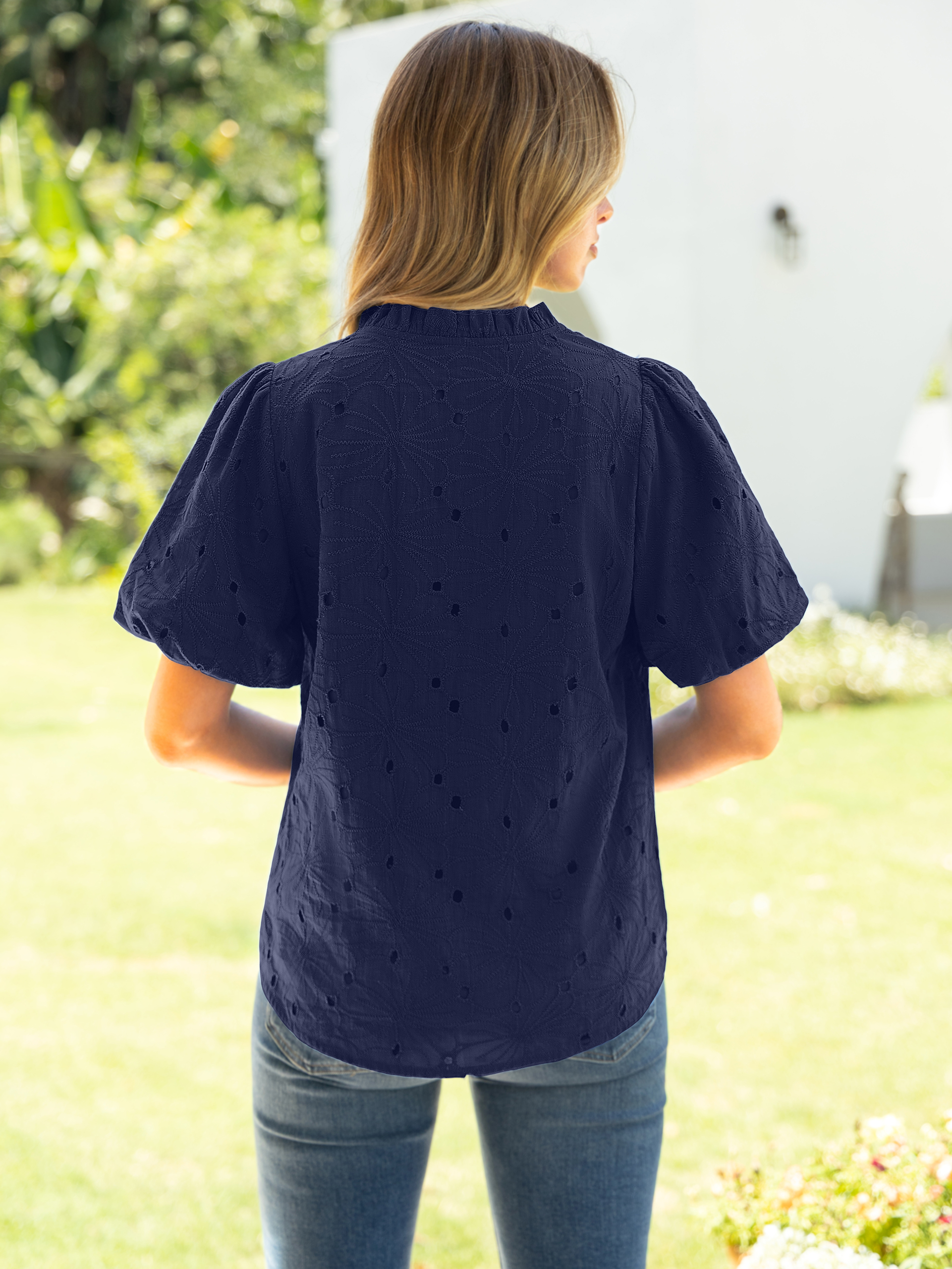 V Neck Eyelet Ruffle Button Up Puff Sleeve Top