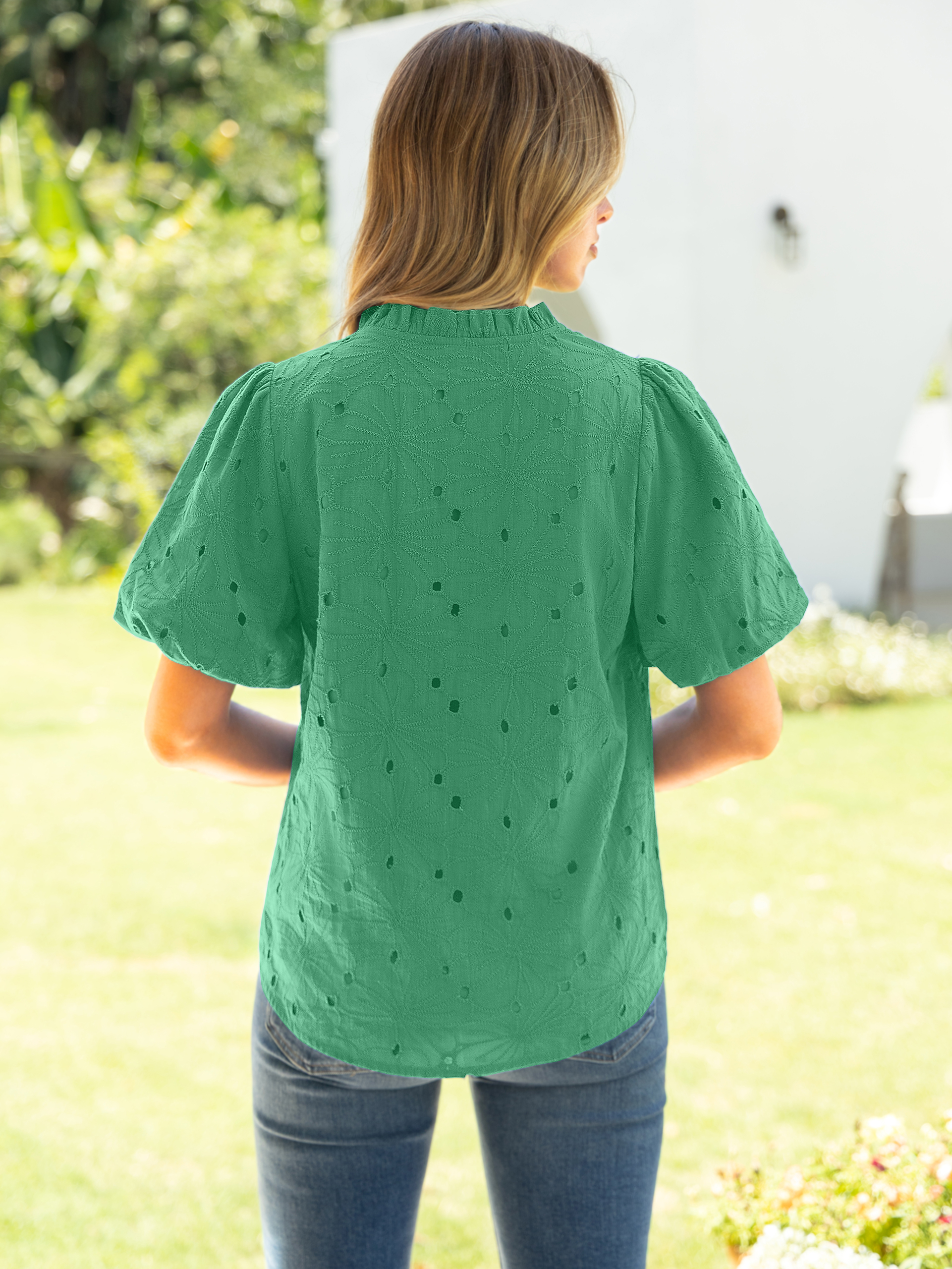 V Neck Eyelet Ruffle Button Up Puff Sleeve Top