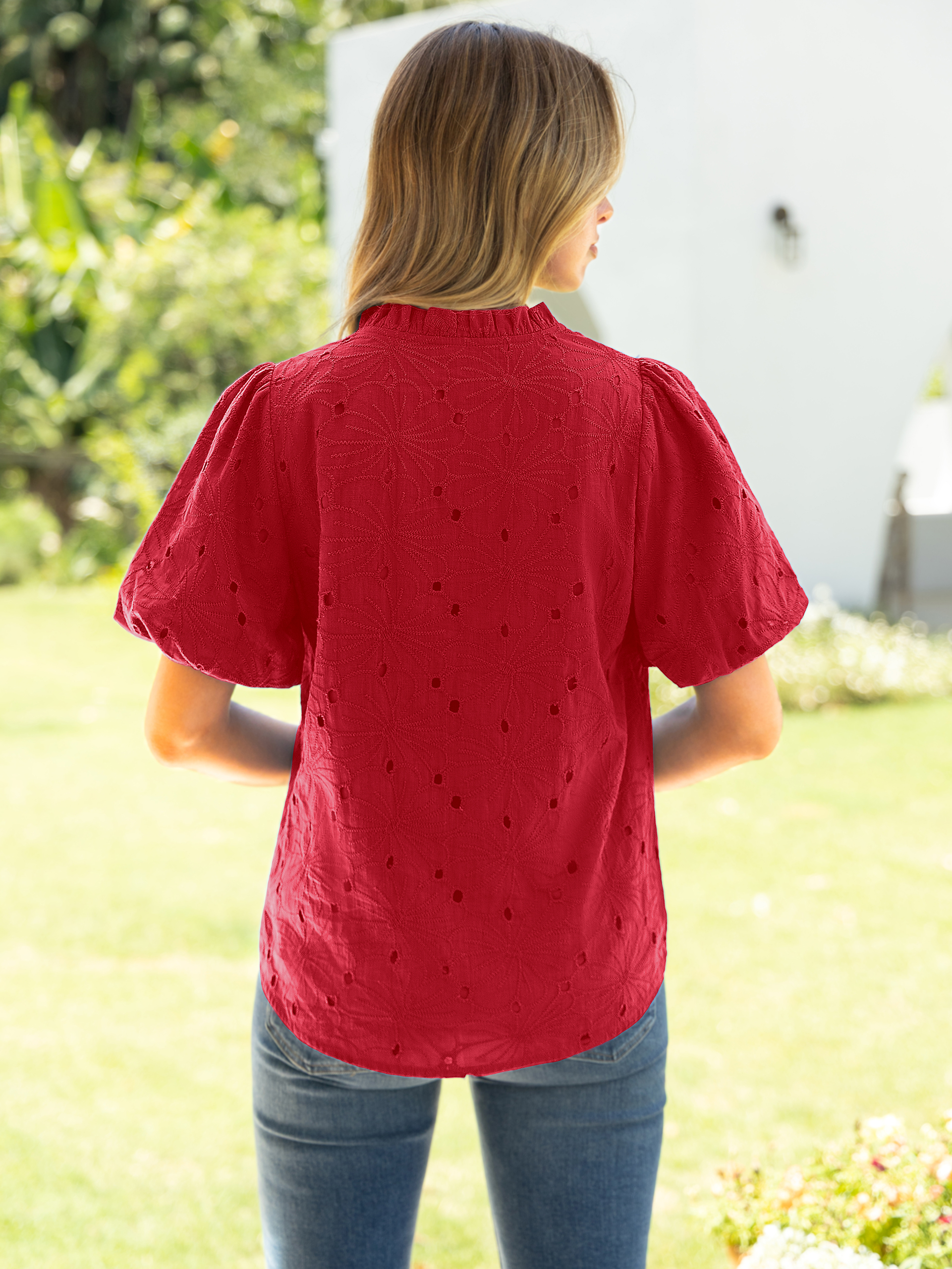 V Neck Eyelet Ruffle Button Up Puff Sleeve Top