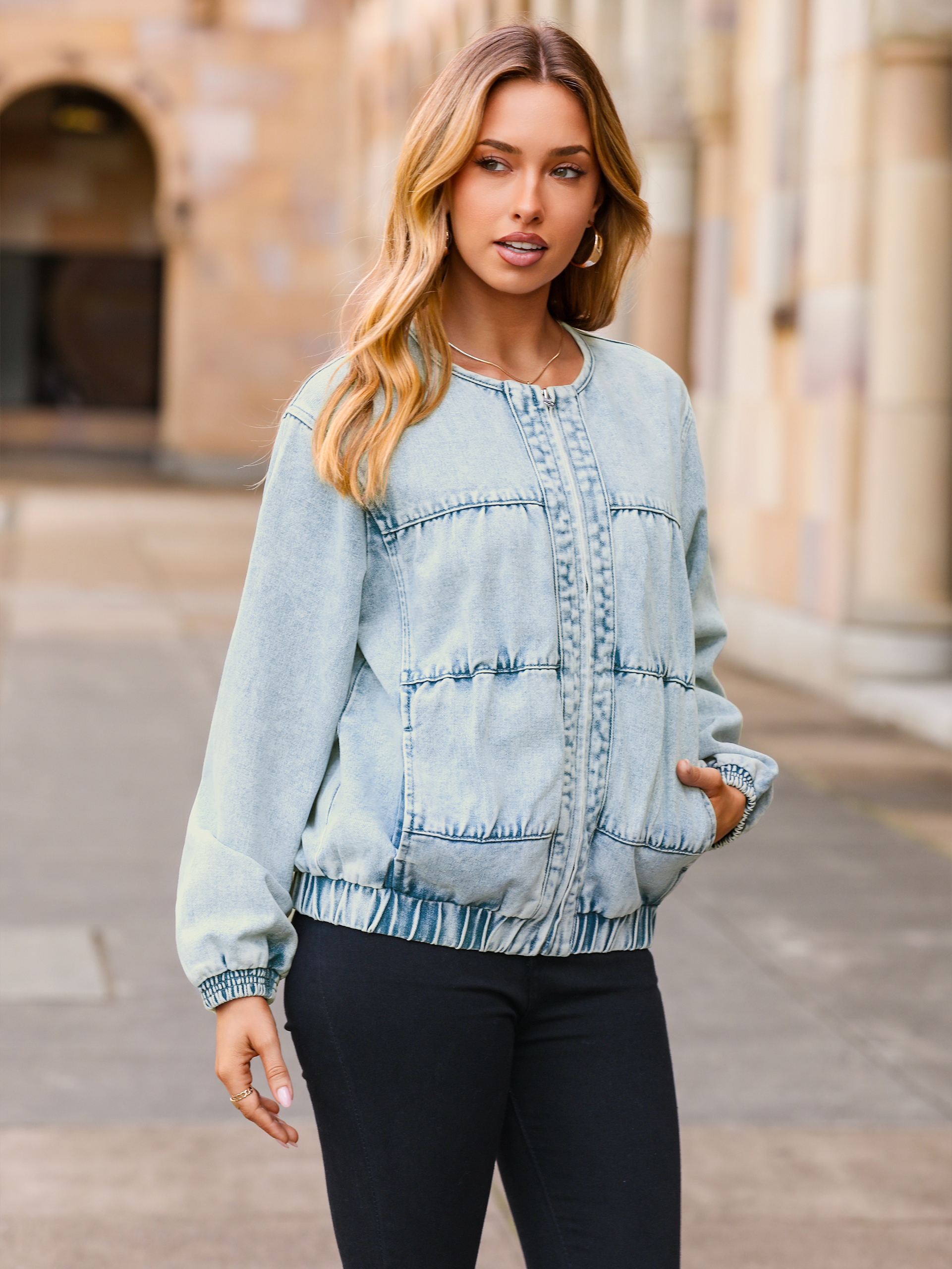 Loose Fit Zip Up Denim Bomber Jacket