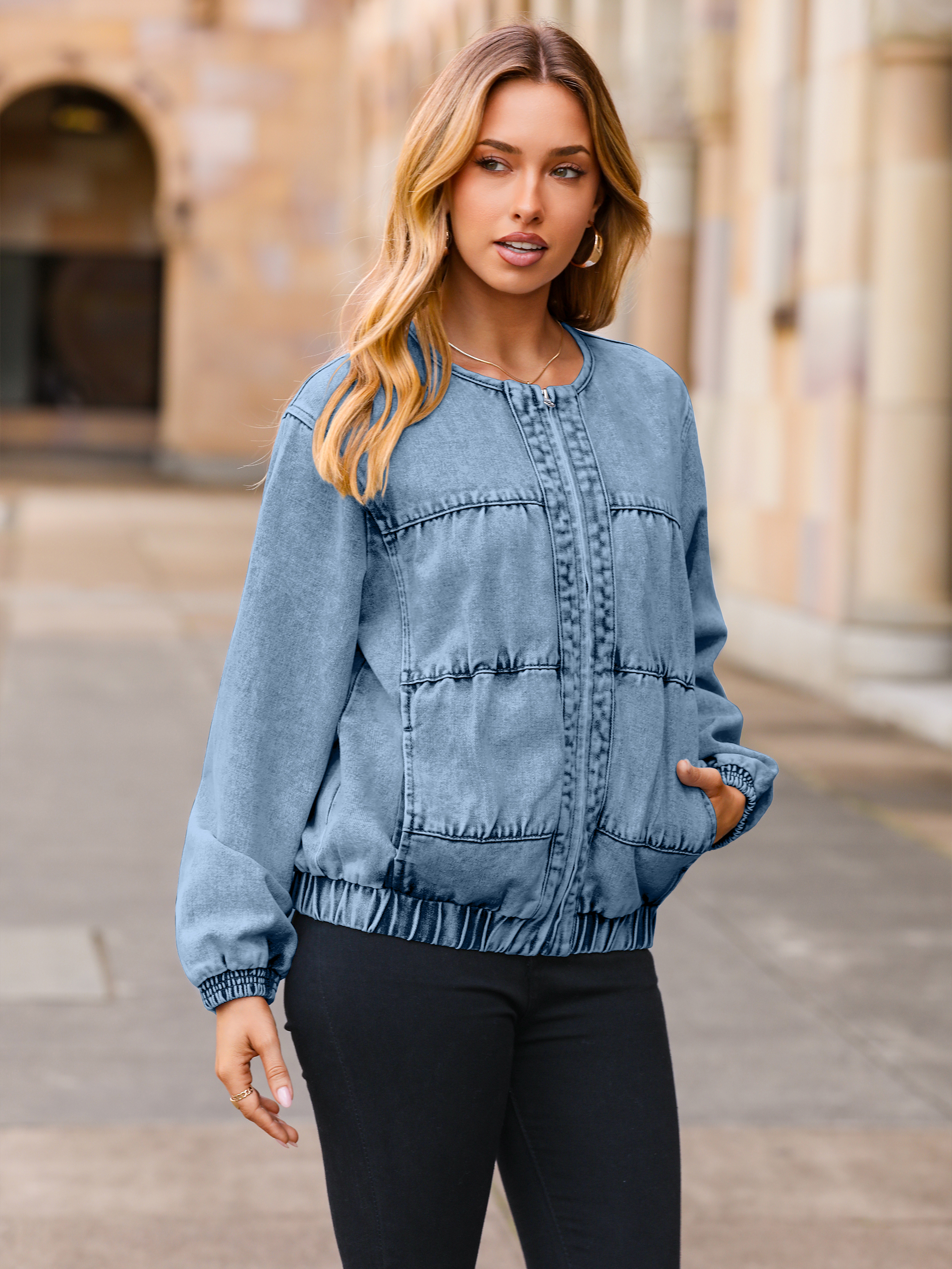 Loose Fit Zip Up Denim Bomber Jacket