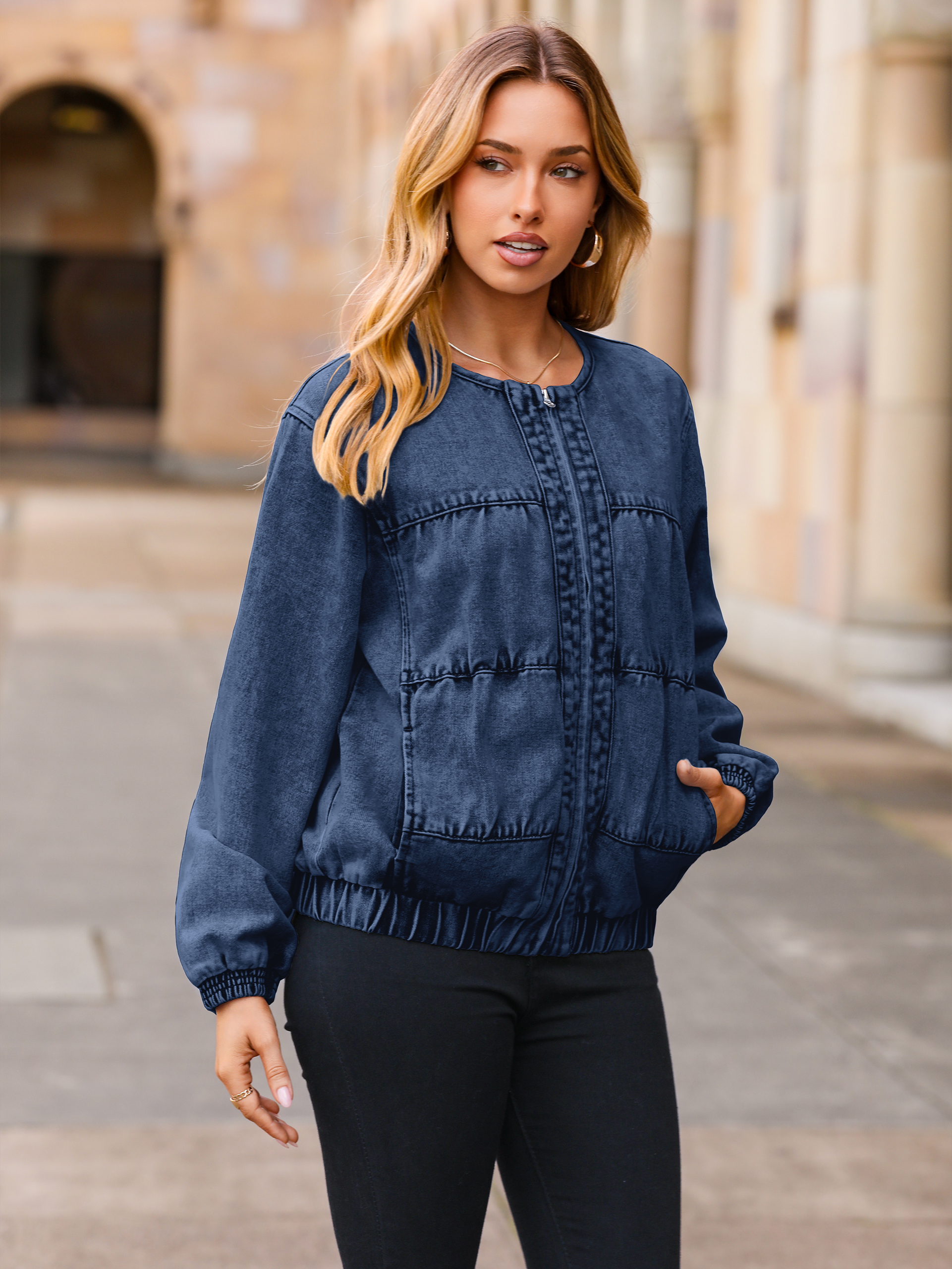 Loose Fit Zip Up Denim Bomber Jacket