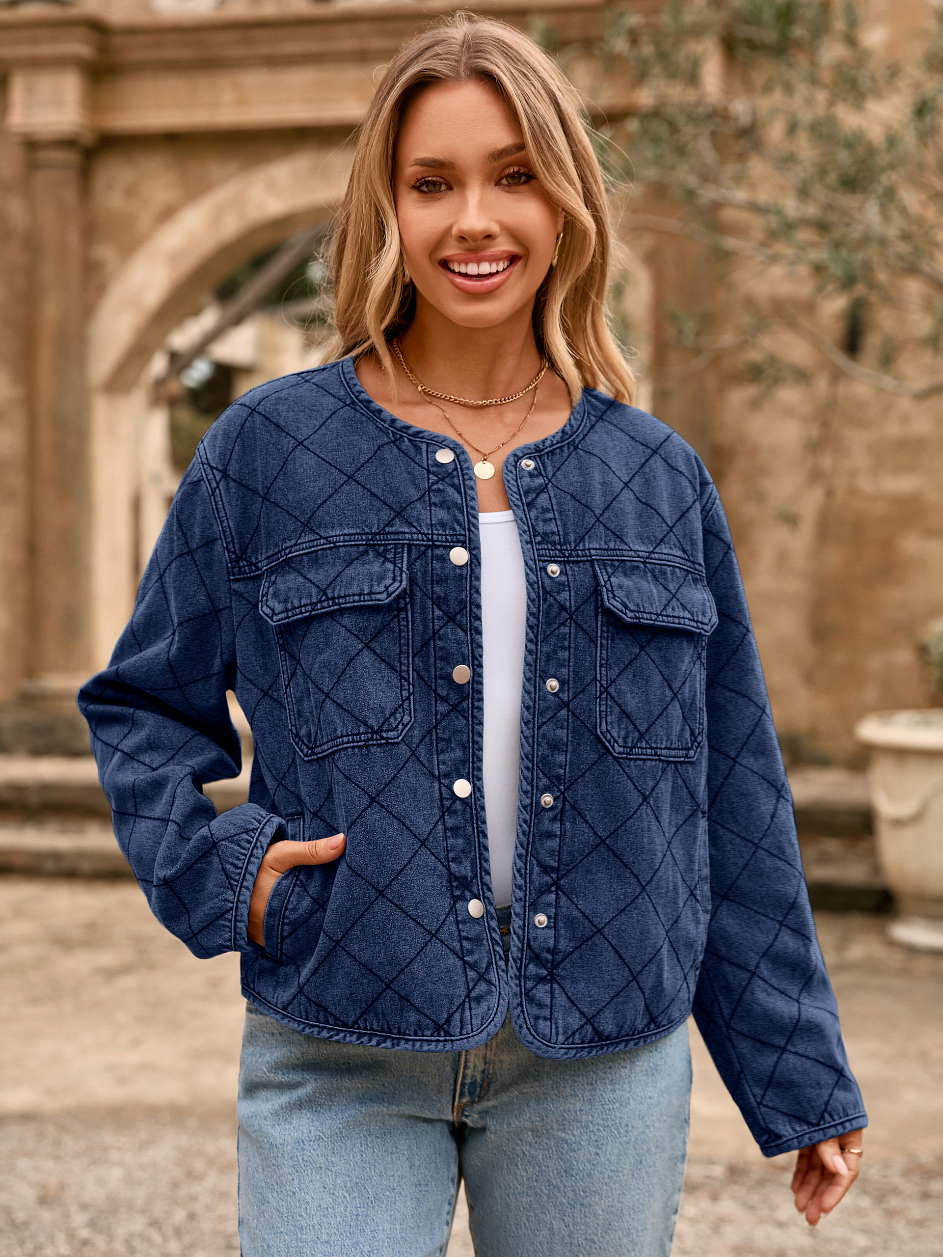 Button Crew Neck Quilted Diamond Denim Jacket