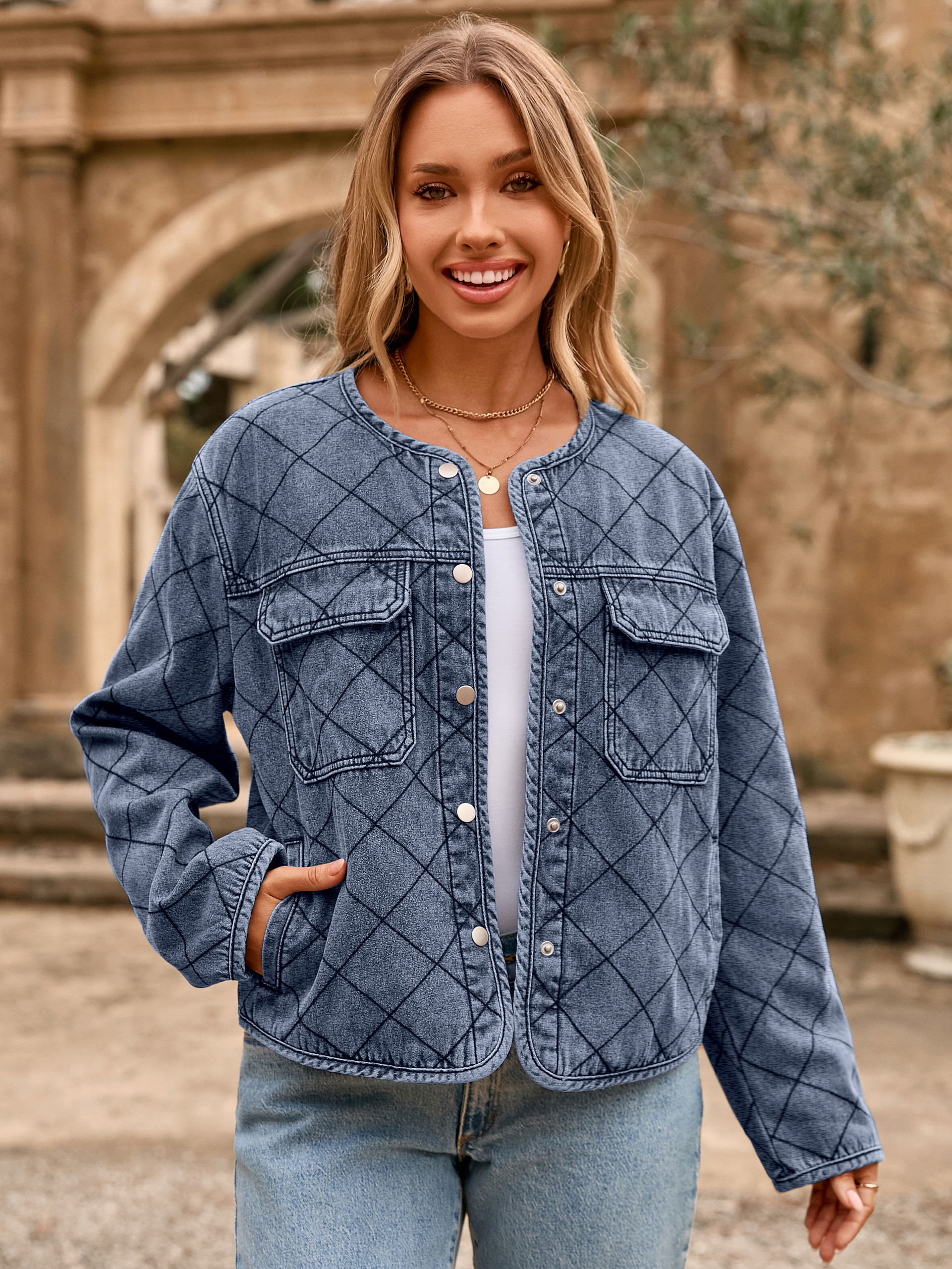 Button Crew Neck Quilted Diamond Denim Jacket