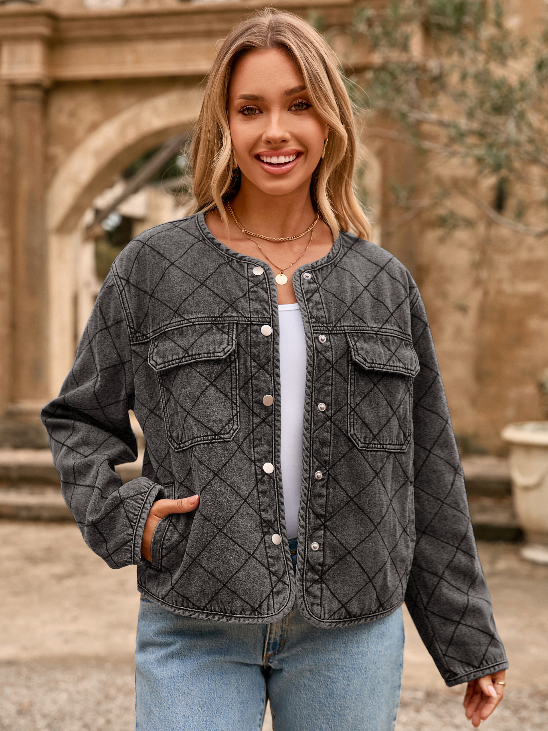 Button Crew Neck Quilted Diamond Denim Jacket