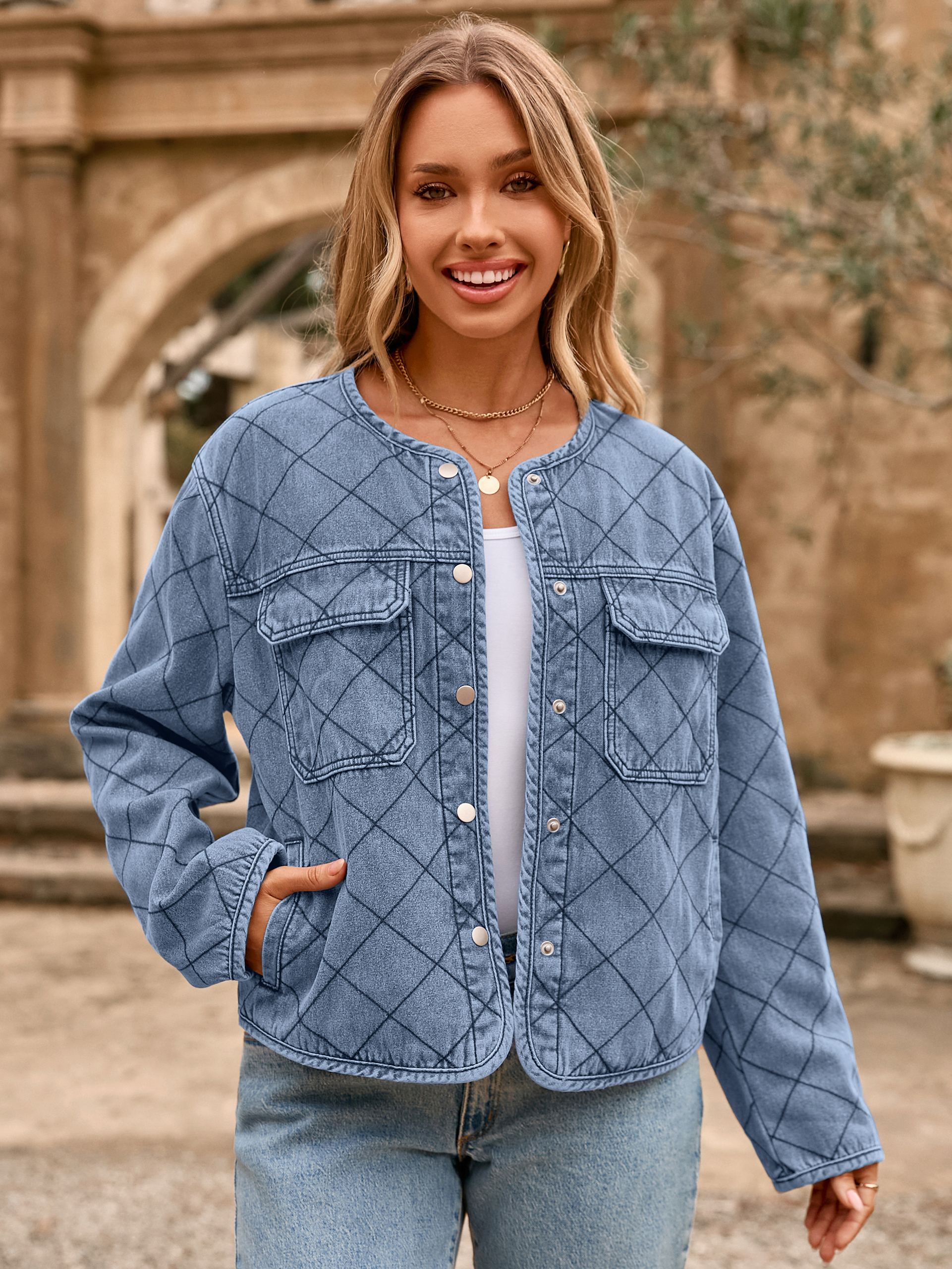 Button Crew Neck Quilted Diamond Denim Jacket