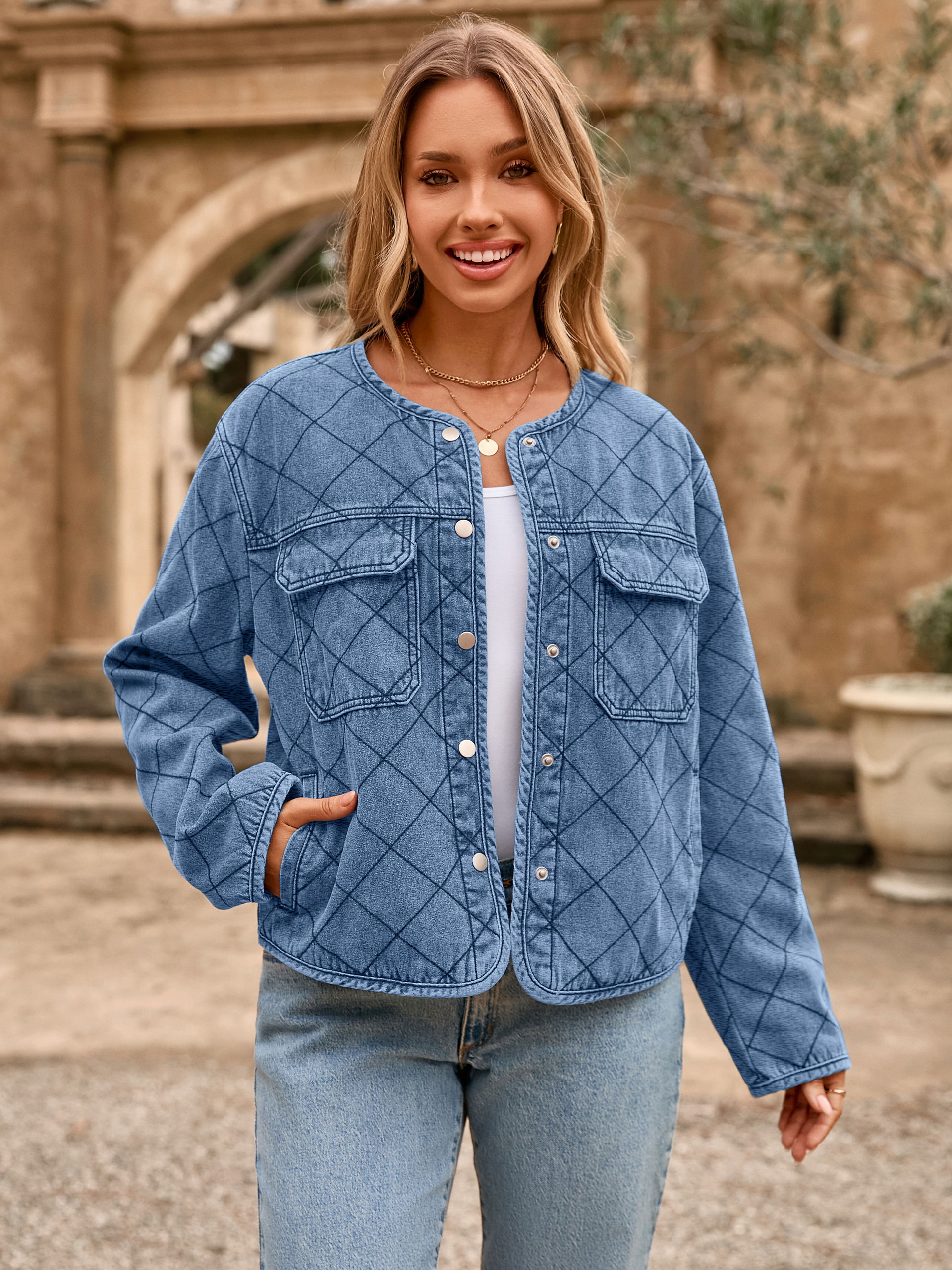 Button Crew Neck Quilted Diamond Denim Jacket