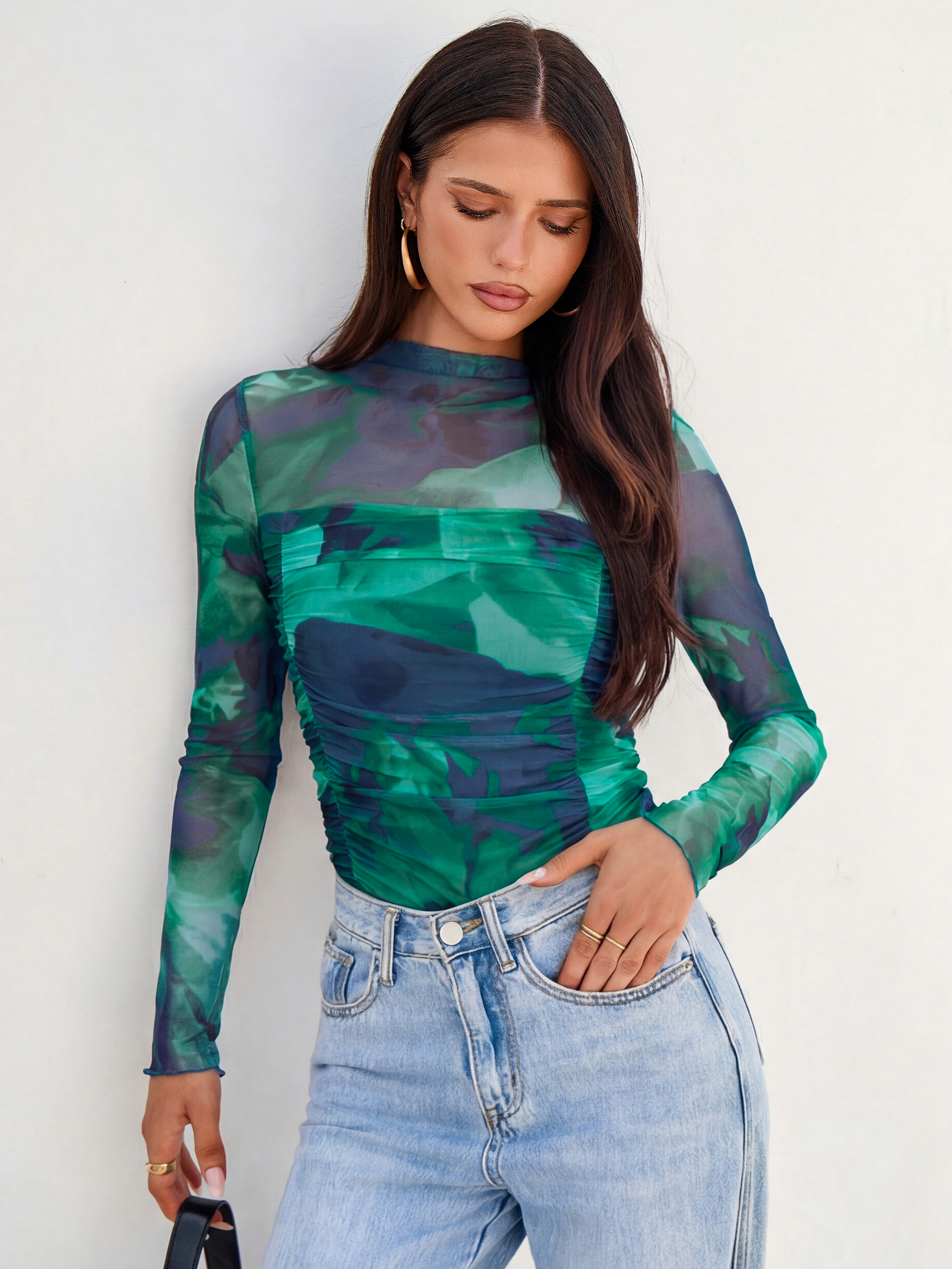 Floral Mock Neck Ruched Mesh Long Sleeve Top